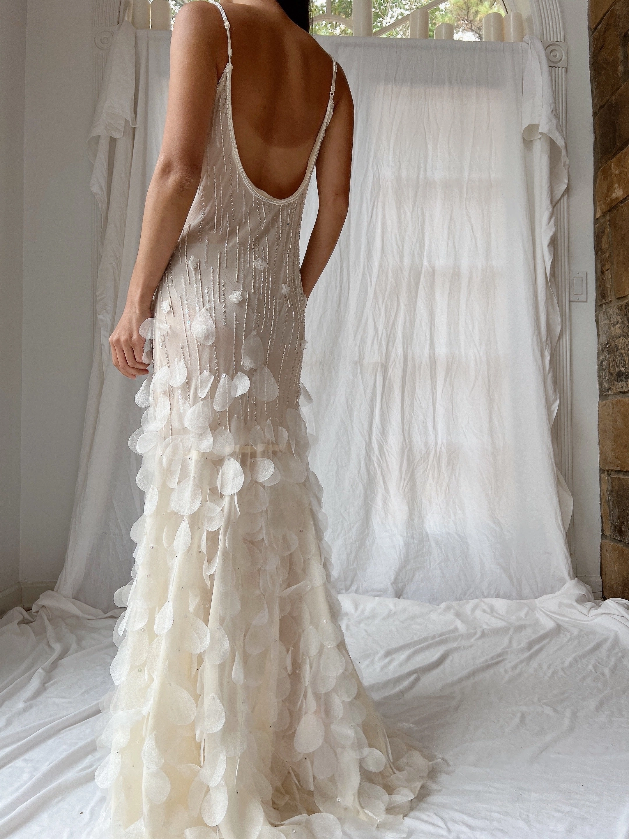 Vintage Chiffon Petal Beaded Dress - S/M
