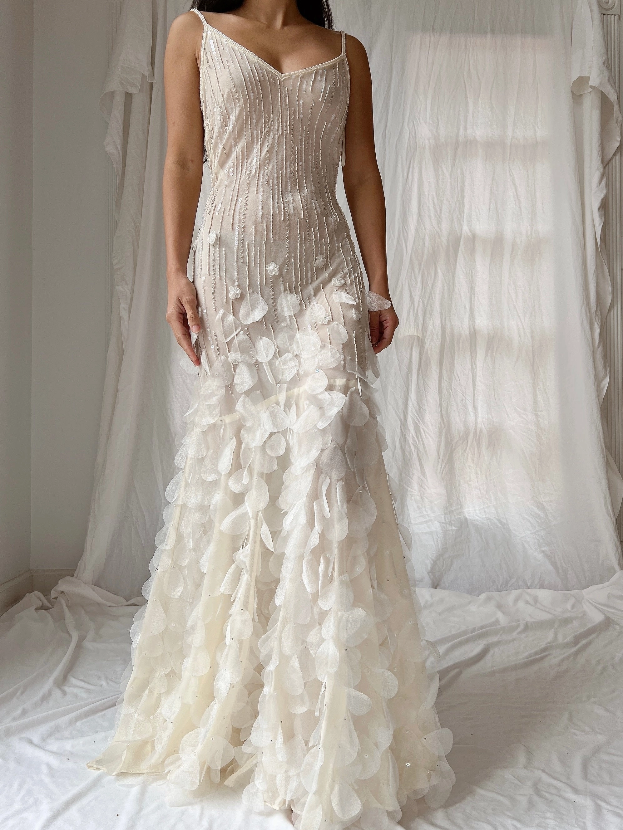 Vintage Chiffon Petal Beaded Dress - S/M