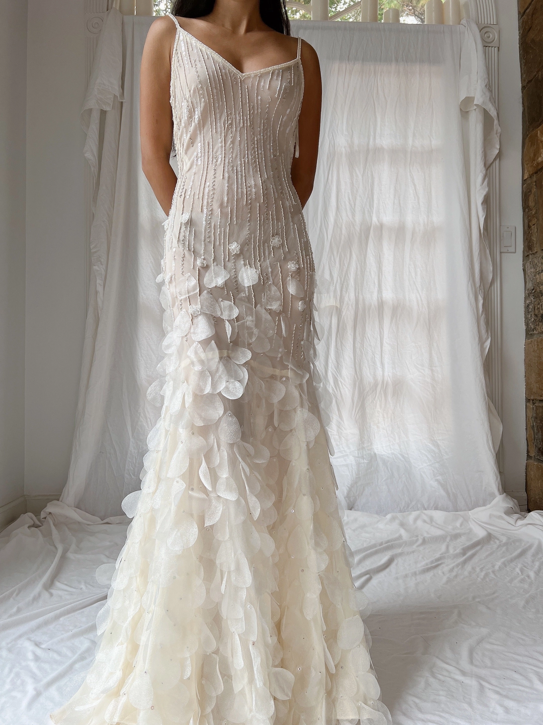 Vintage Chiffon Petal Beaded Dress - S/M