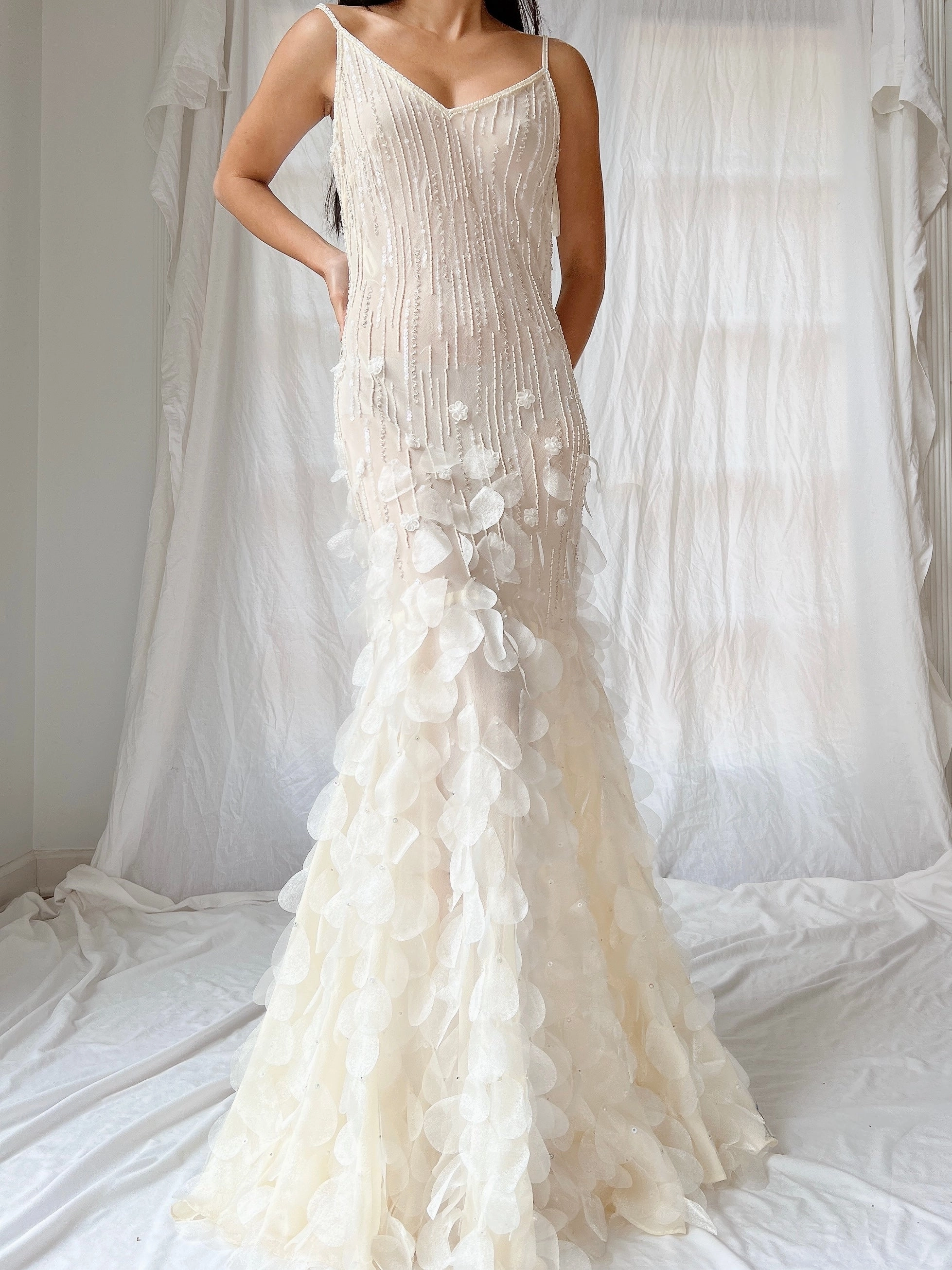Vintage Chiffon Petal Beaded Dress - S/M