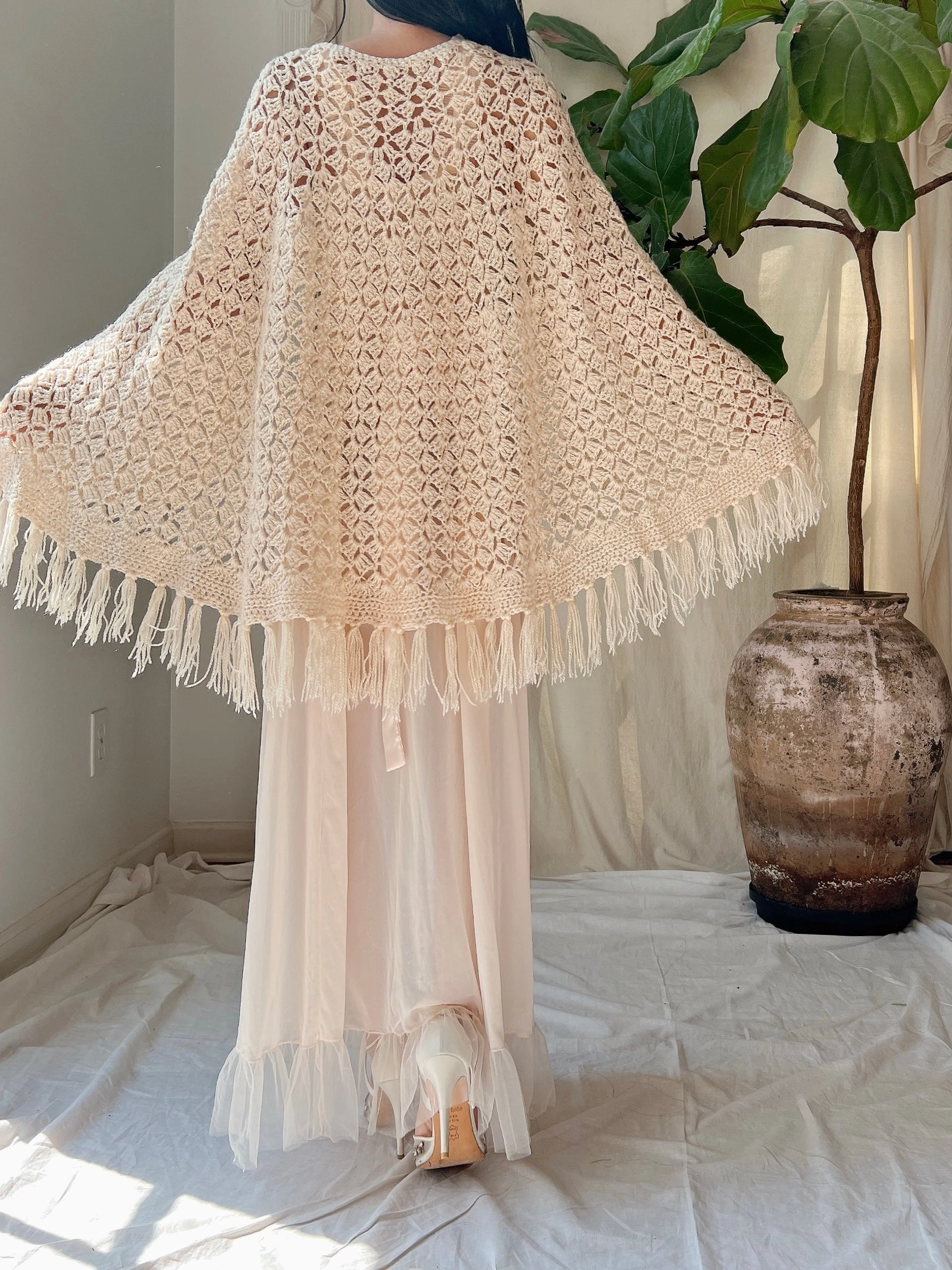 Vintage Crochet Cape Shawl - OSFM