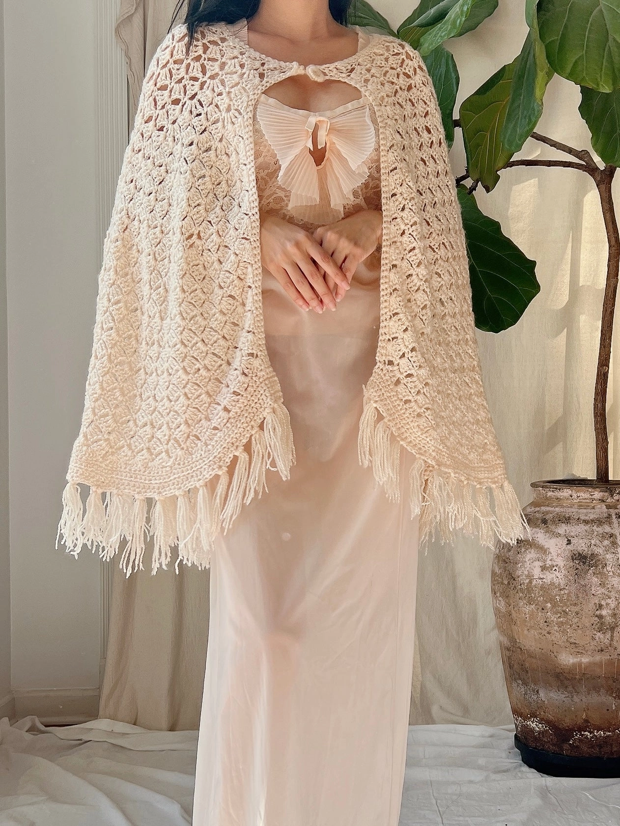 Vintage Crochet Cape Shawl - OSFM