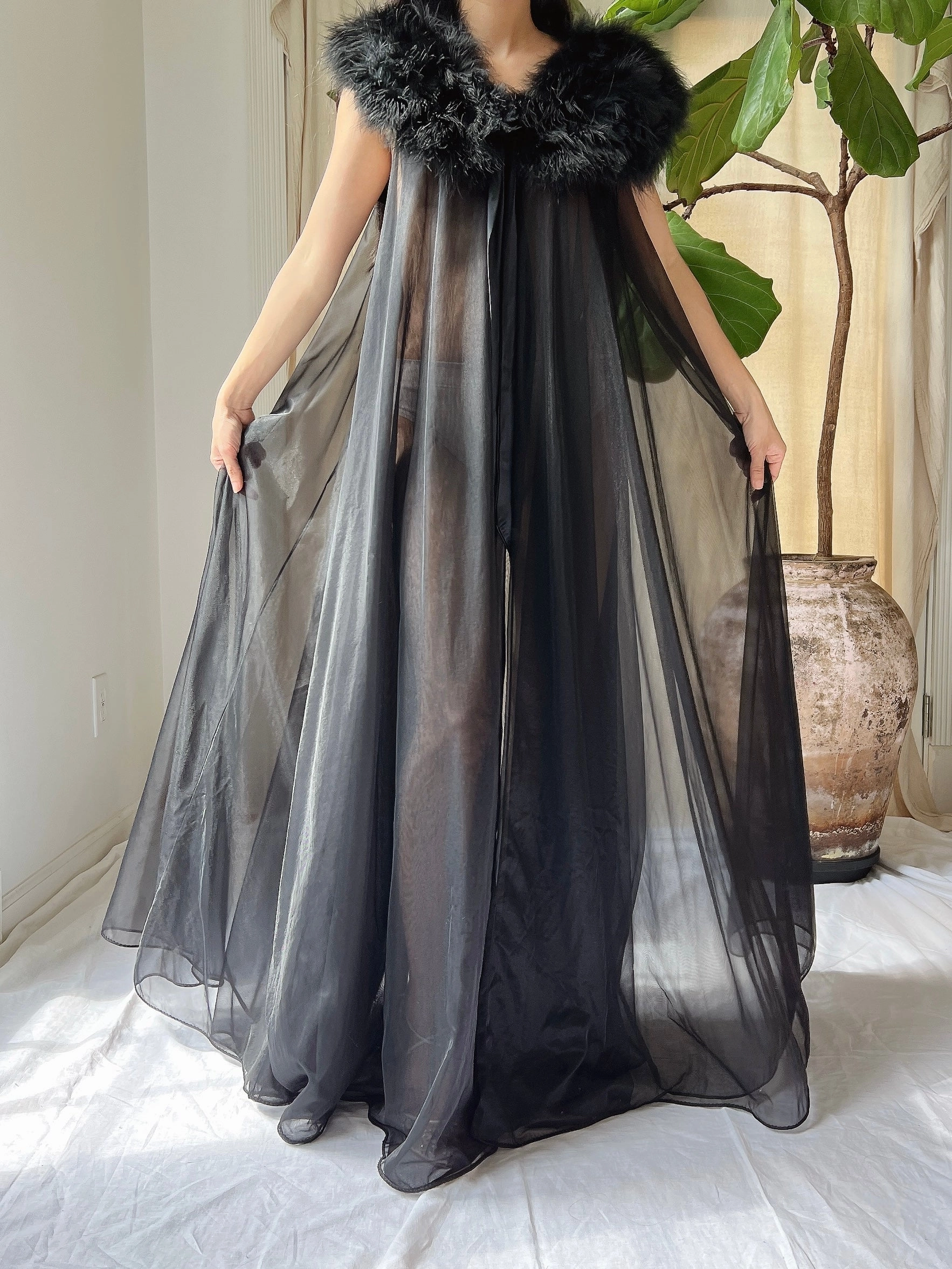 Vintage Feather Collar Nylon Dressing Gown - OSFM