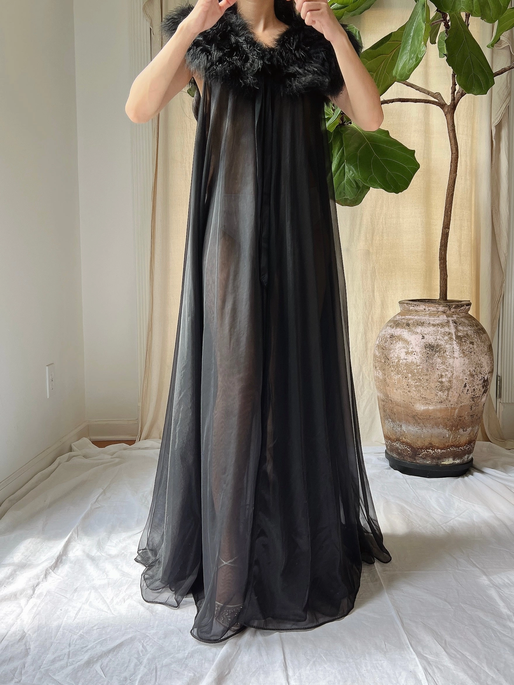 Vintage Feather Collar Nylon Dressing Gown - OSFM