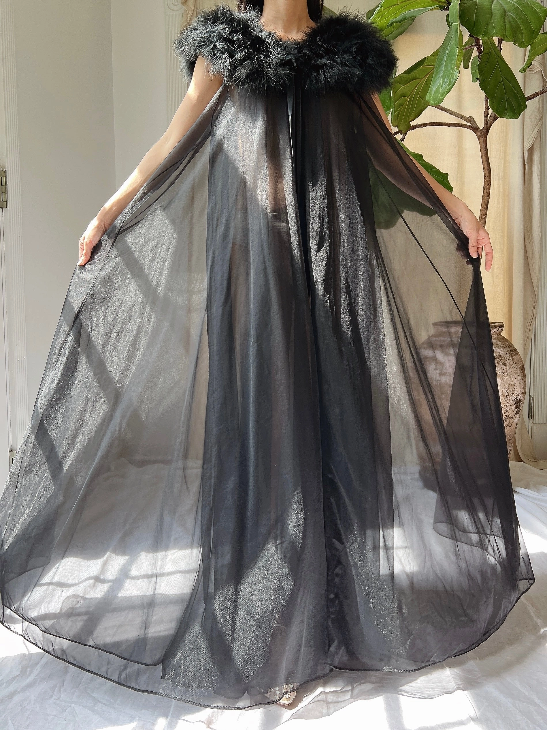 Vintage Feather Collar Nylon Dressing Gown - OSFM