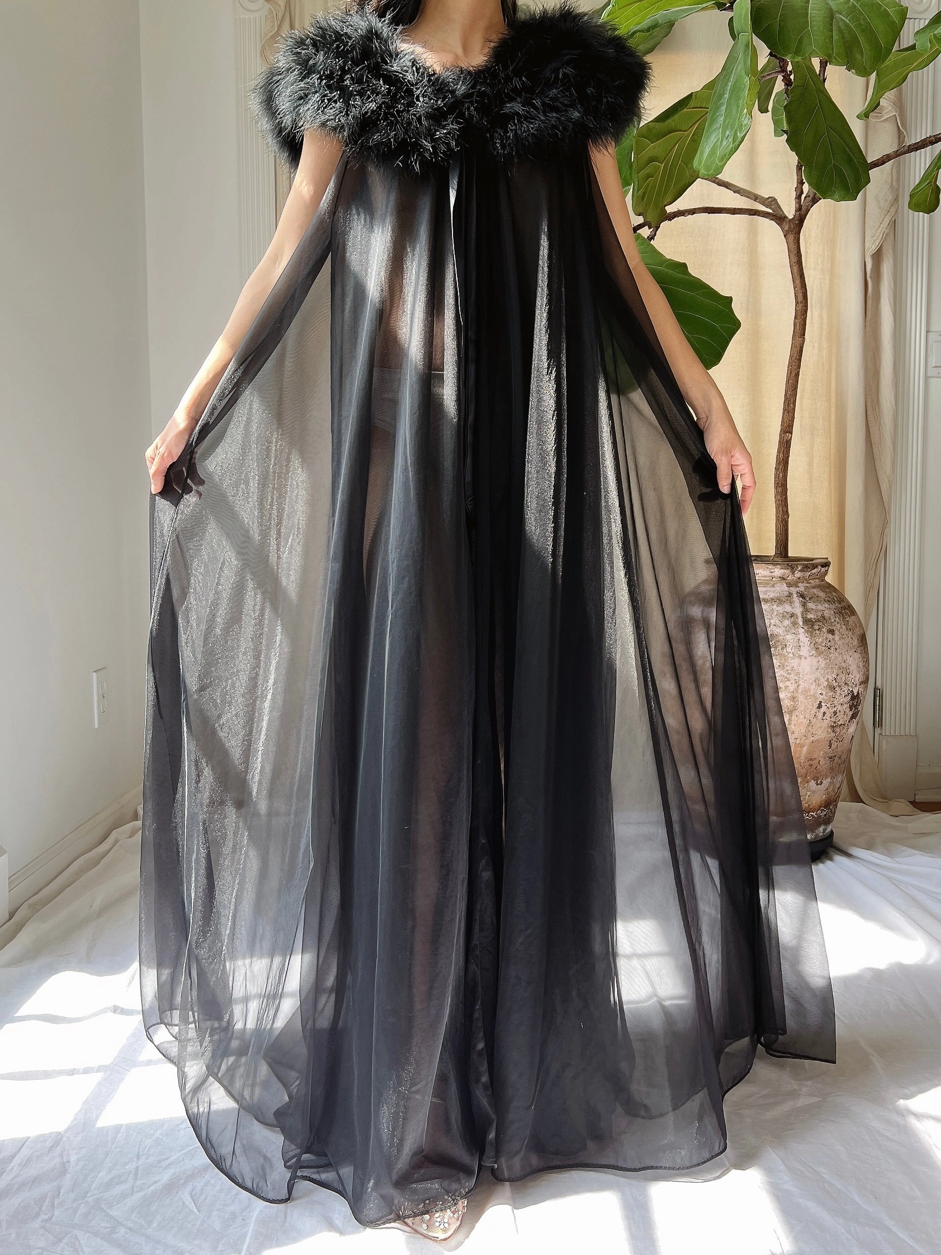 Vintage Feather Collar Nylon Dressing Gown - OSFM
