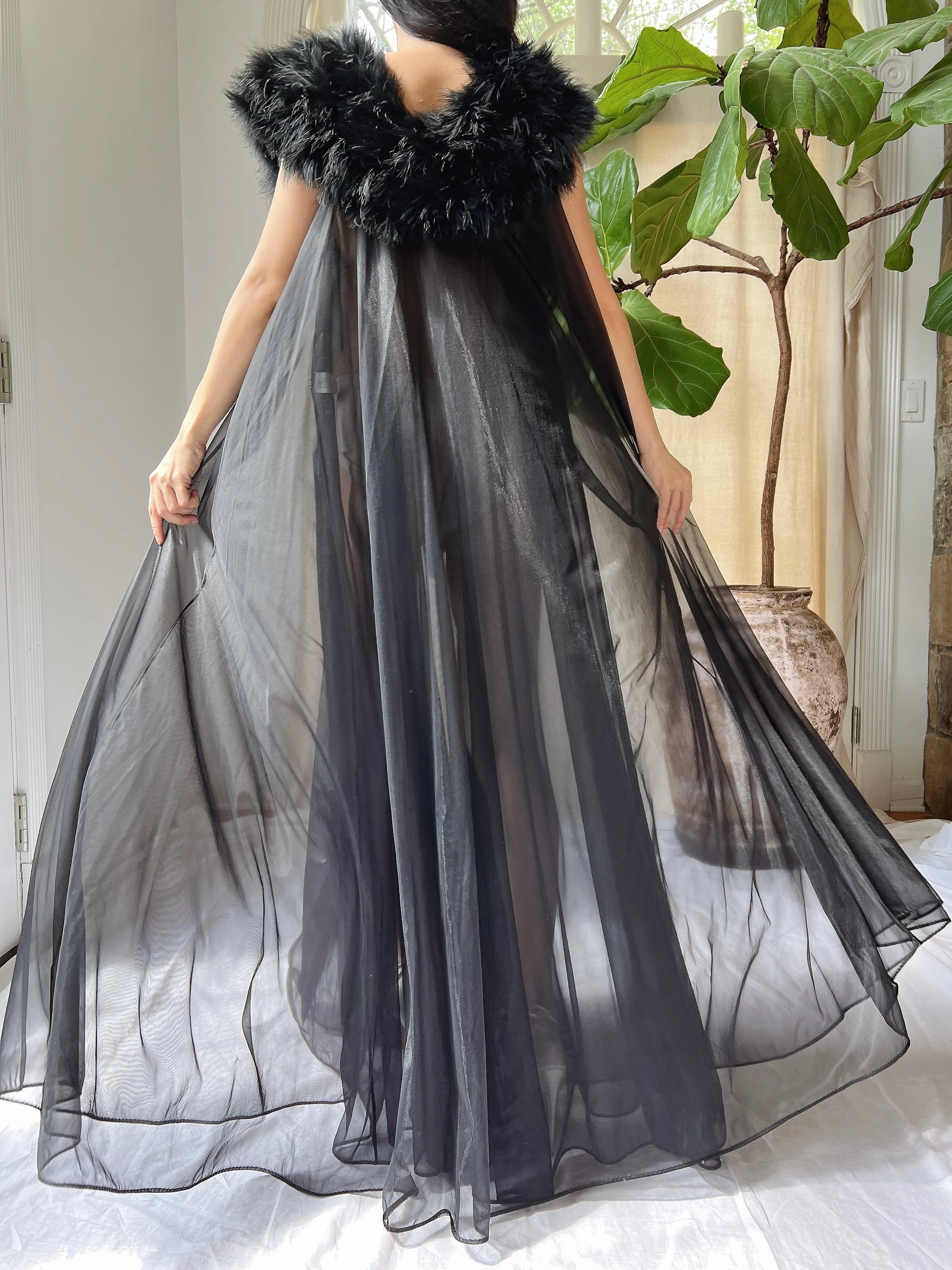 Vintage Feather Collar Nylon Dressing Gown - OSFM