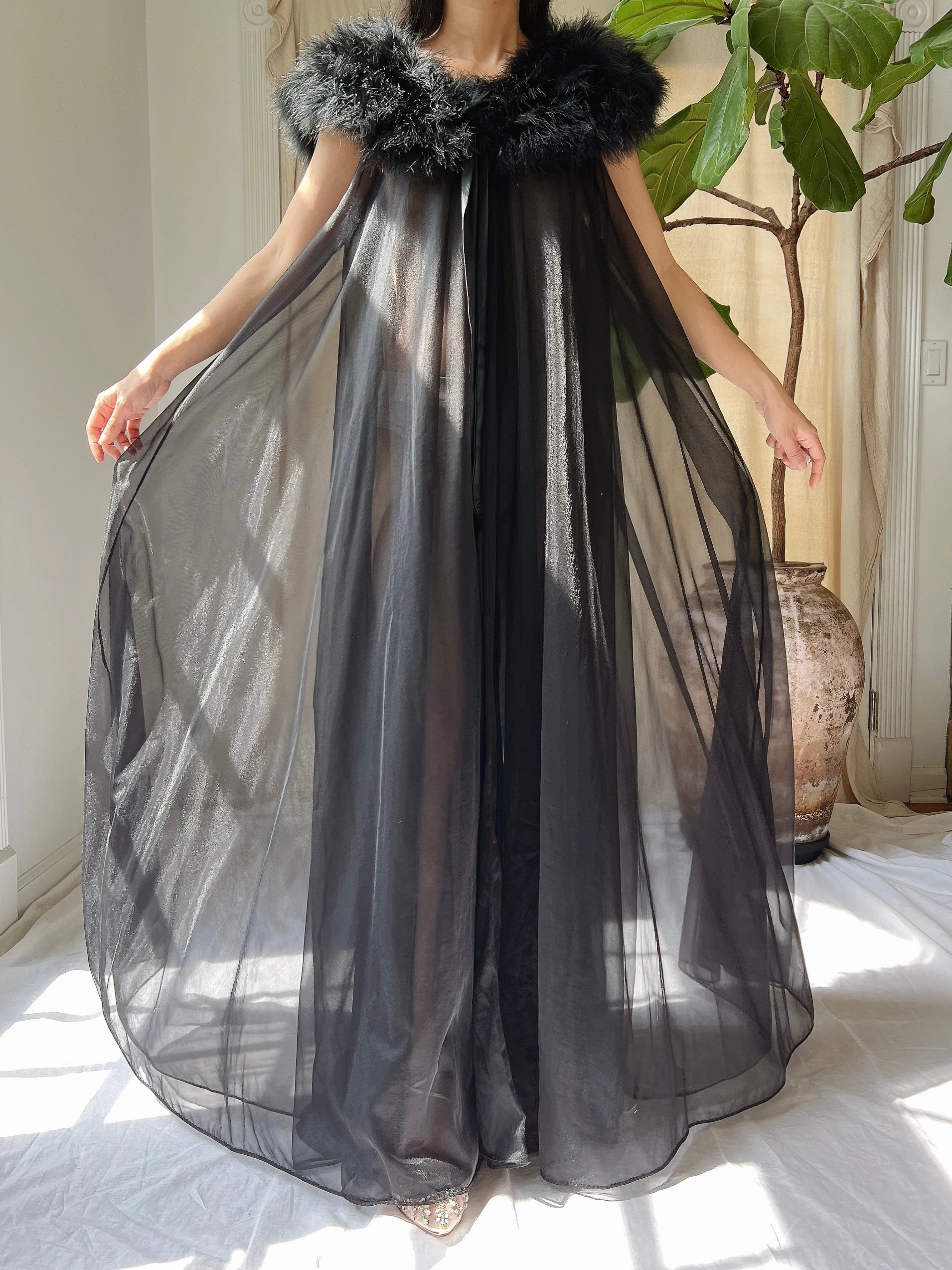 Vintage Feather Collar Nylon Dressing Gown - OSFM