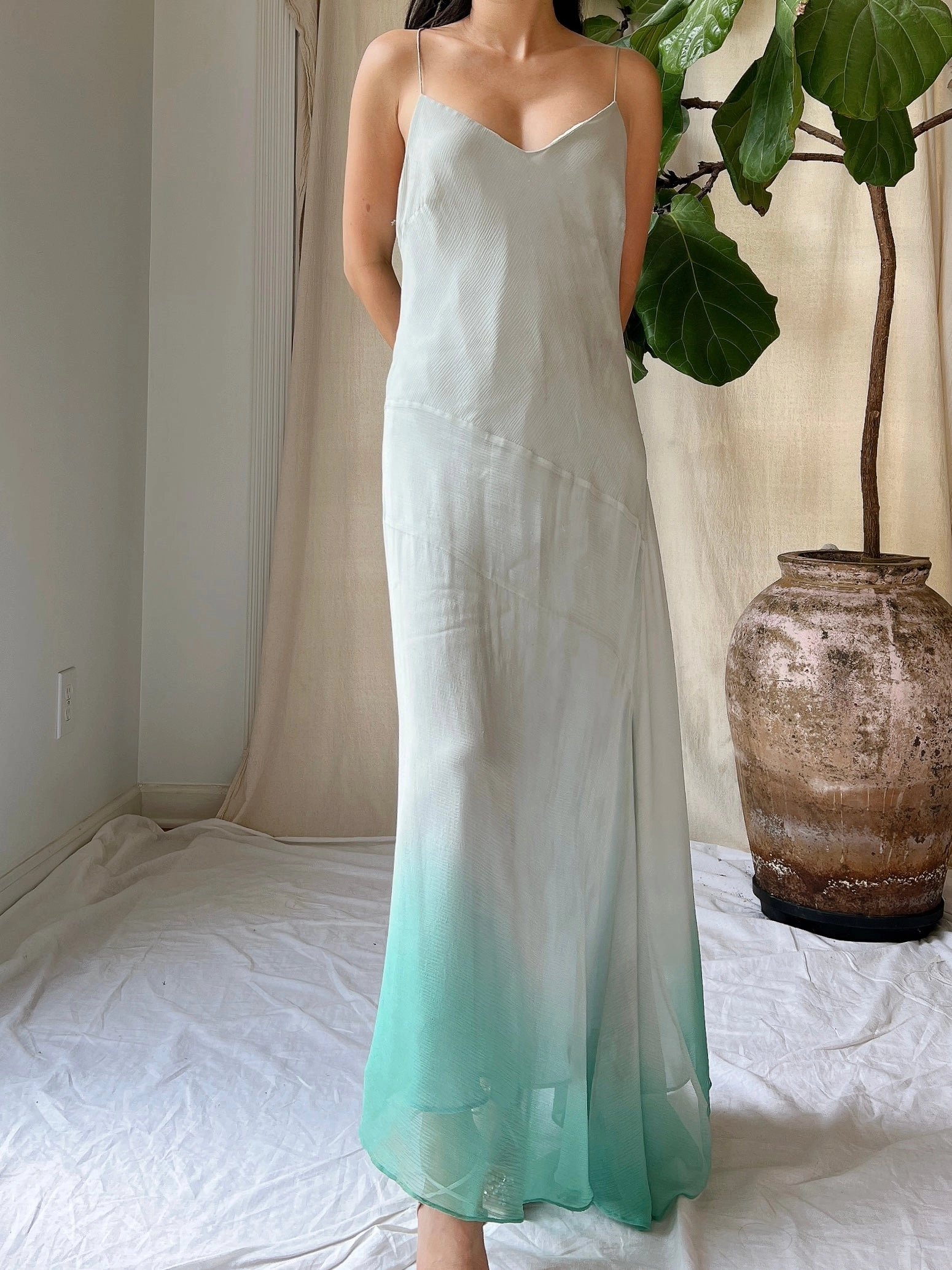 Vintage Light Blue Ombre Silk Chiffon Bias Cut Dress - M/L