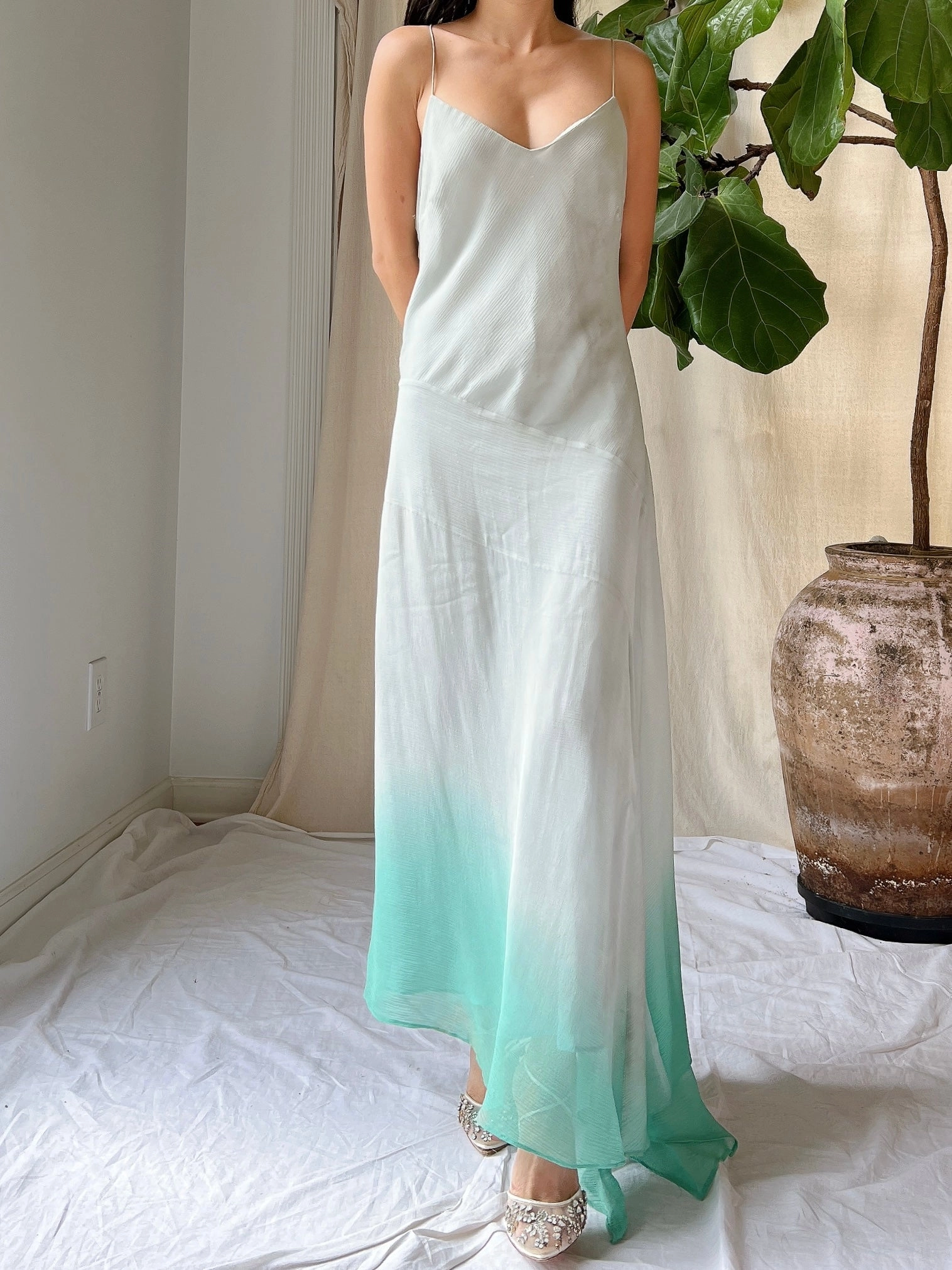 Vintage Light Blue Ombre Silk Chiffon Bias Cut Dress - M/L