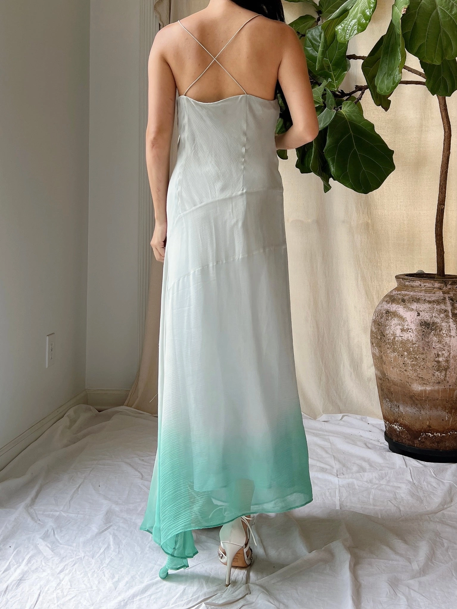 Vintage Light Blue Ombre Silk Chiffon Bias Cut Dress - M/L