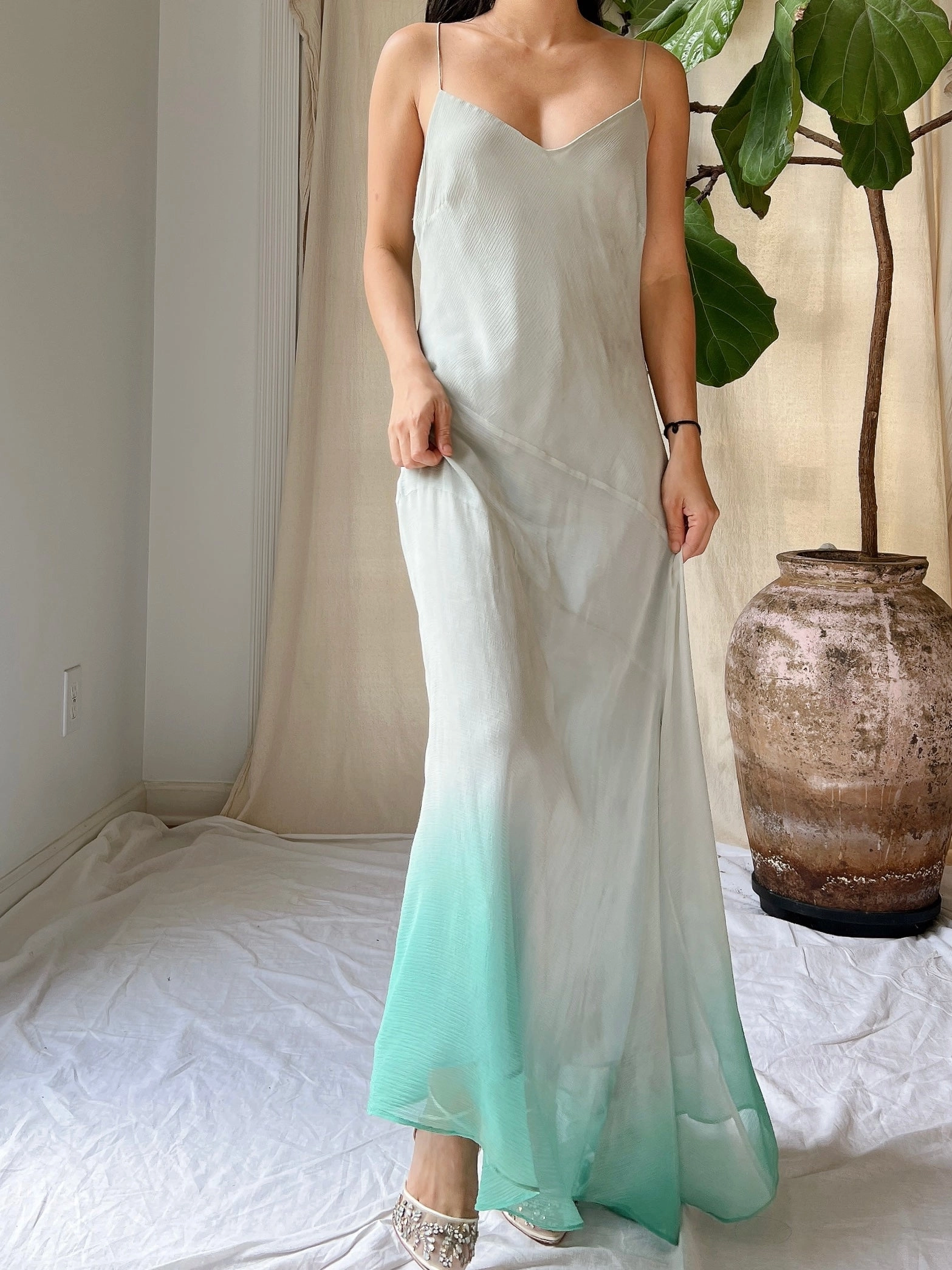 Vintage Light Blue Ombre Silk Chiffon Bias Cut Dress - M/L