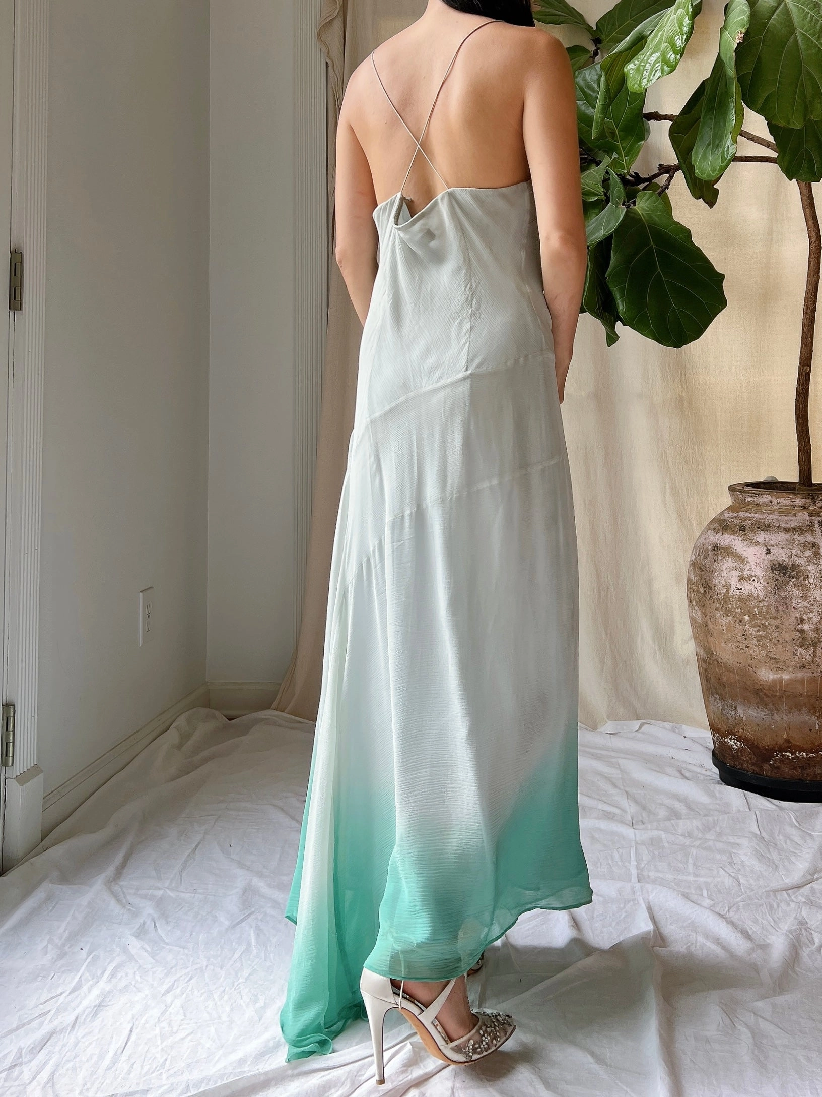 Vintage Light Blue Ombre Silk Chiffon Bias Cut Dress - M/L