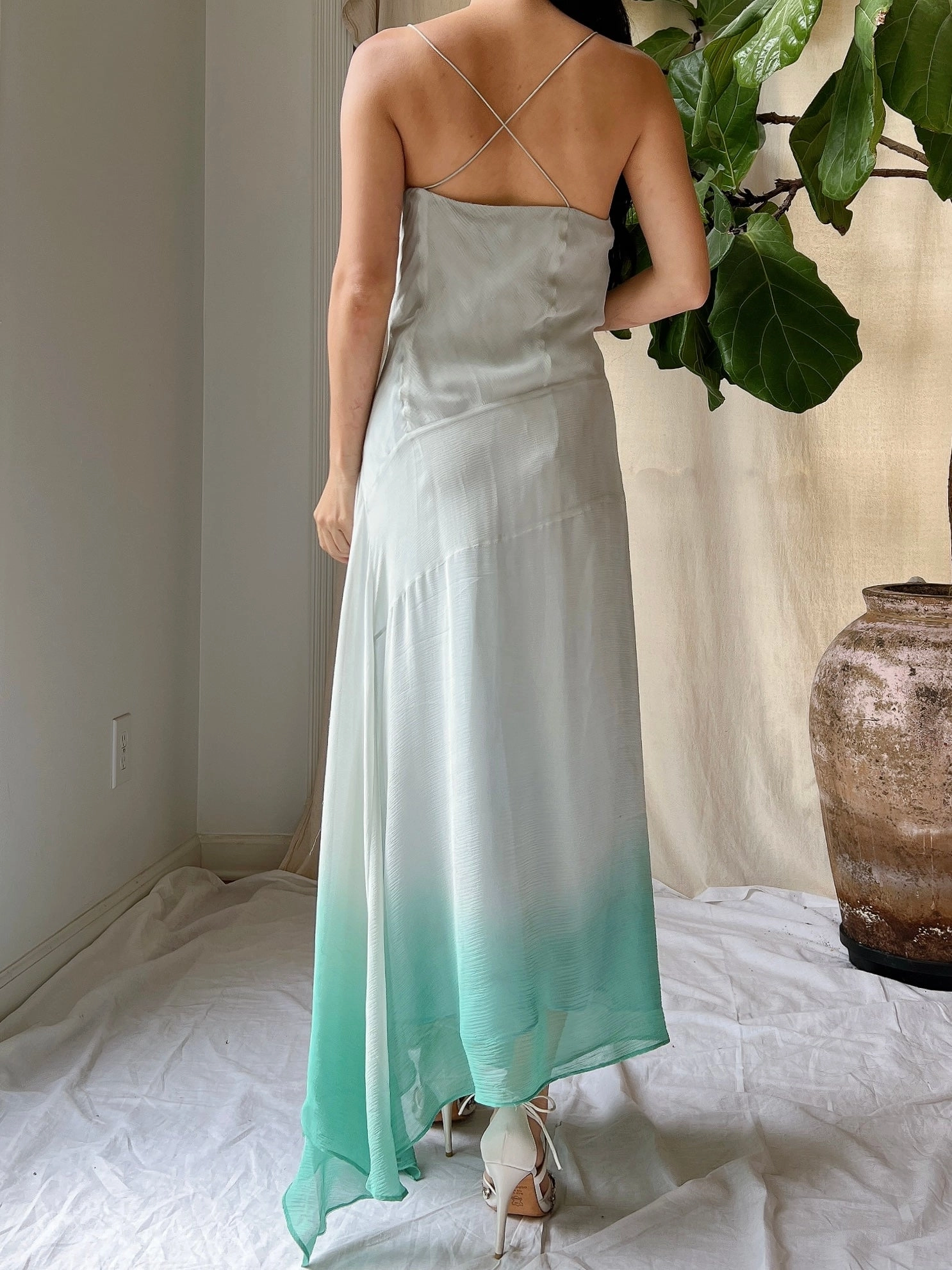 Vintage Light Blue Ombre Silk Chiffon Bias Cut Dress - M/L