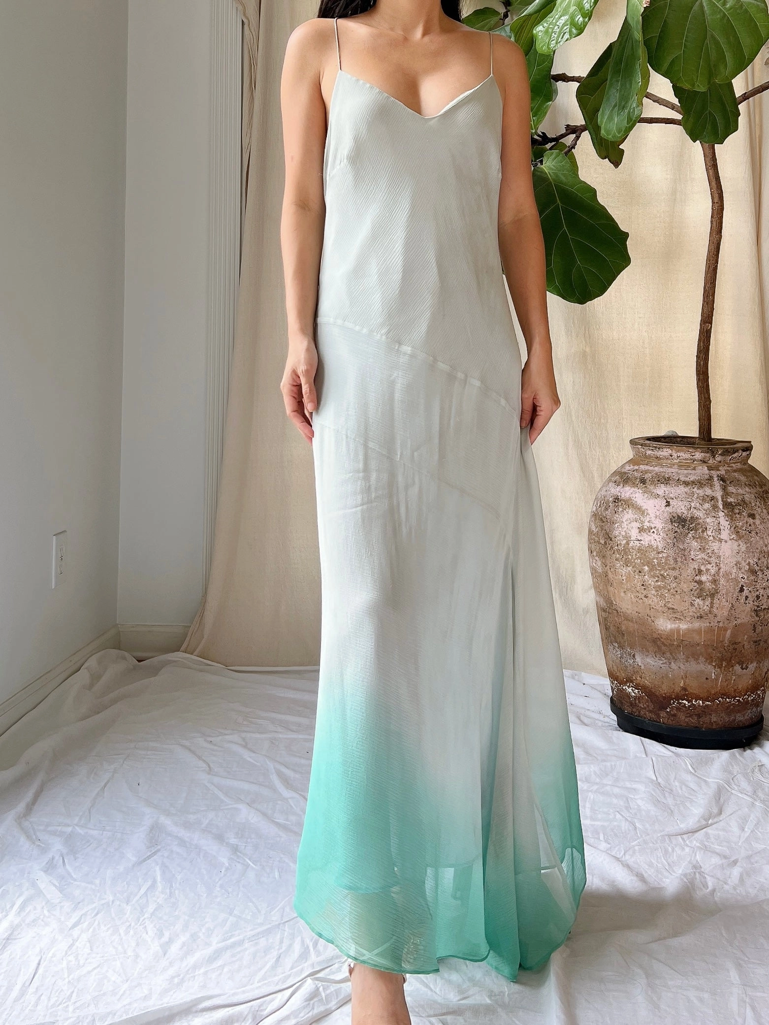 Vintage Light Blue Ombre Silk Chiffon Bias Cut Dress - M/L