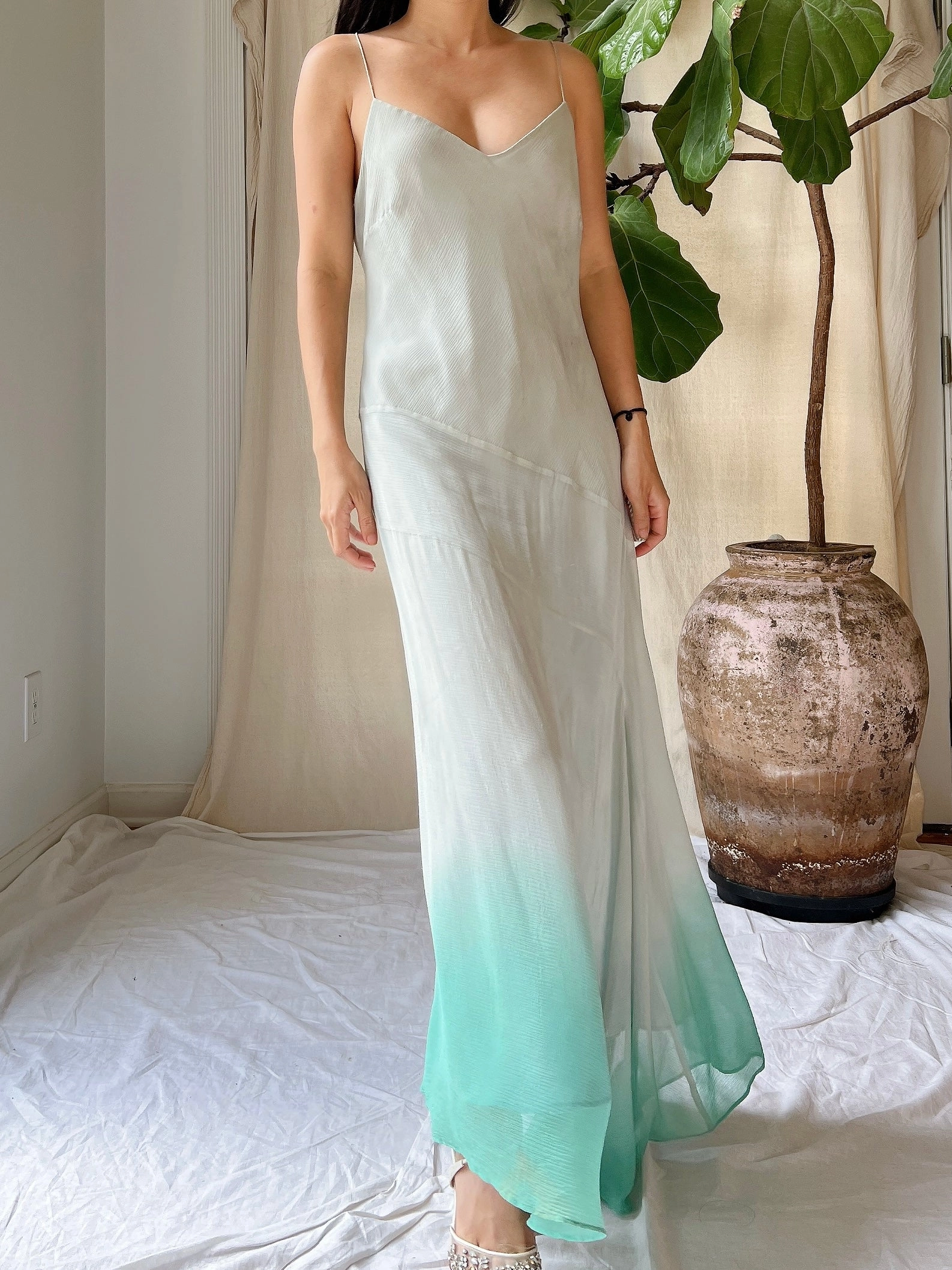 Vintage Light Blue Ombre Silk Chiffon Bias Cut Dress - M/L