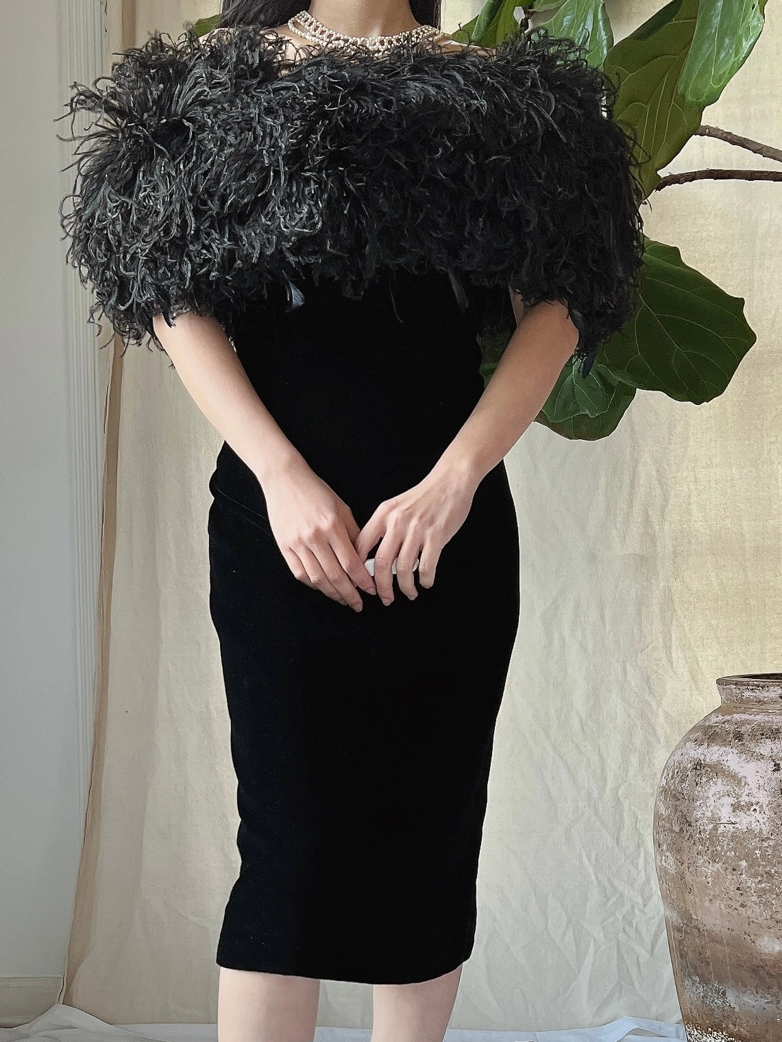 Vintage Ostrich Feather Collar Velvet Dress - XS