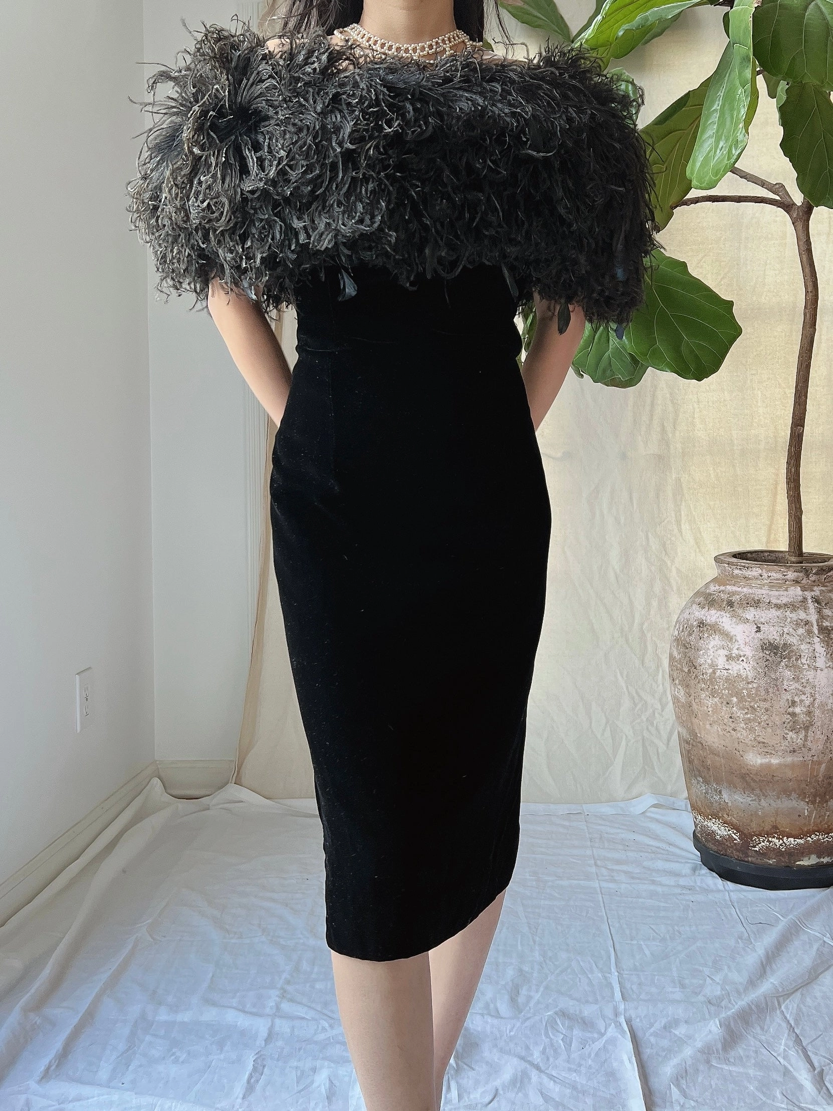 Vintage Ostrich Feather Collar Velvet Dress - XS