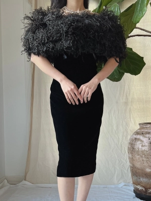 Vintage Ostrich Feather Collar Velvet Dress - XS