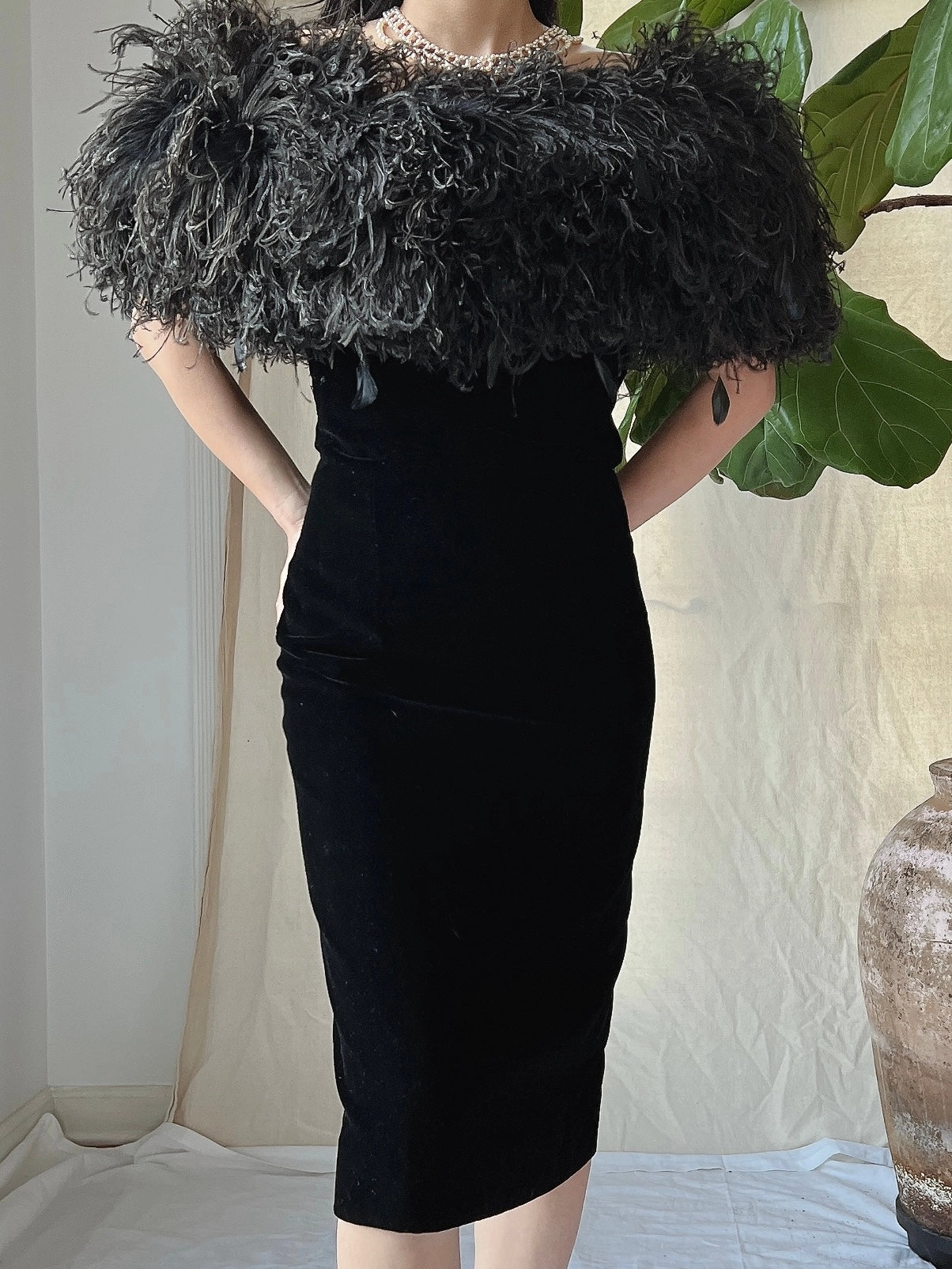 Vintage Ostrich Feather Collar Velvet Dress - XS