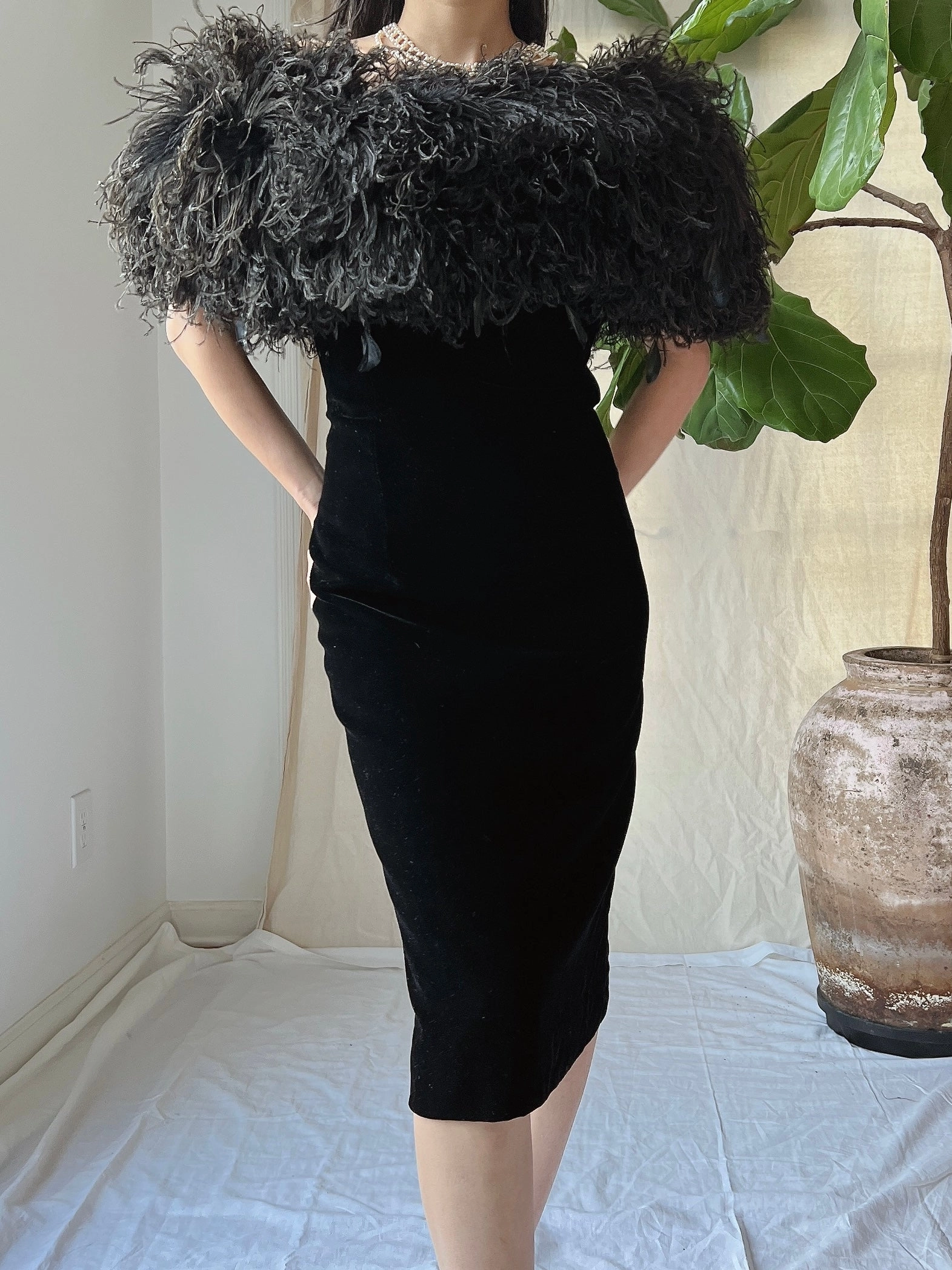 Vintage Ostrich Feather Collar Velvet Dress - XS