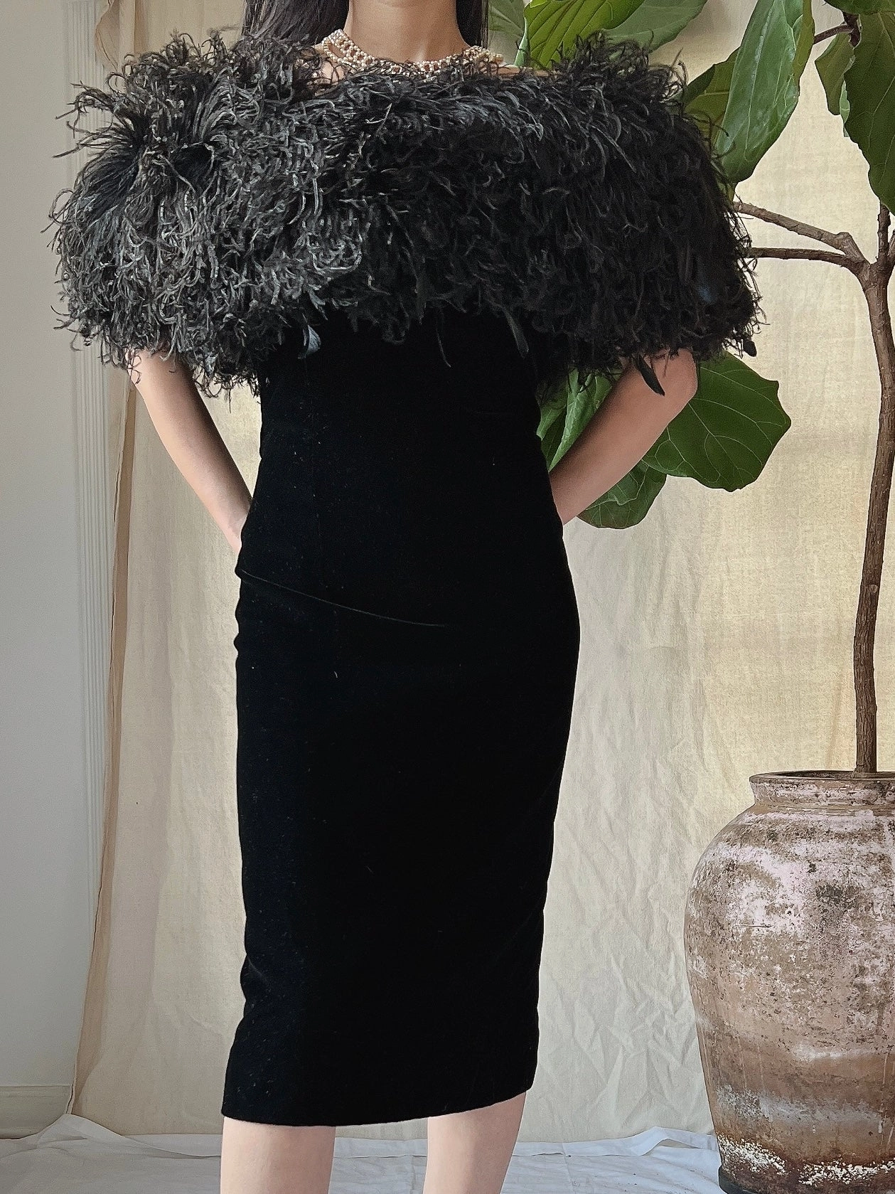 Vintage Ostrich Feather Collar Velvet Dress - XS