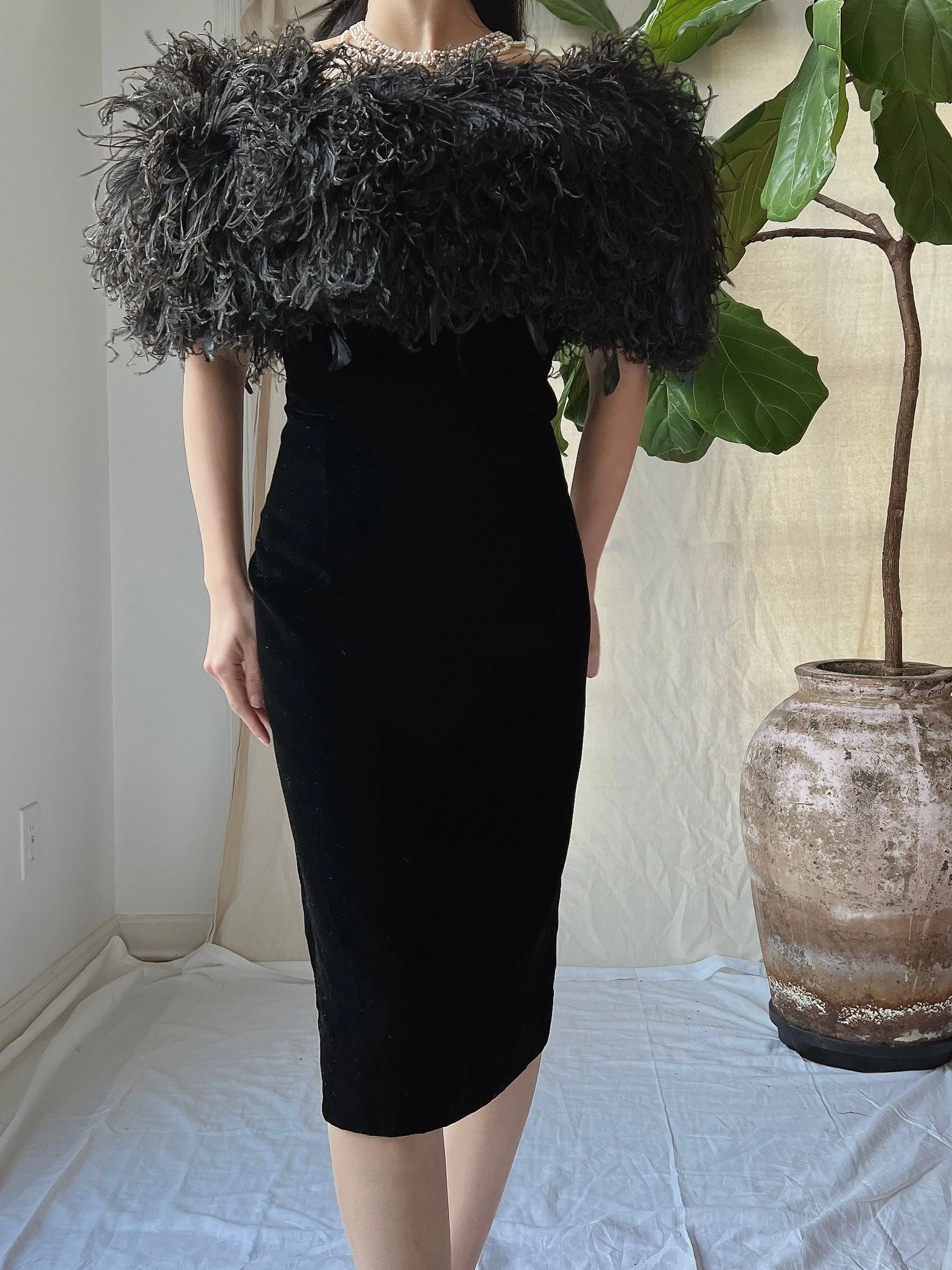 Vintage Ostrich Feather Collar Velvet Dress - XS
