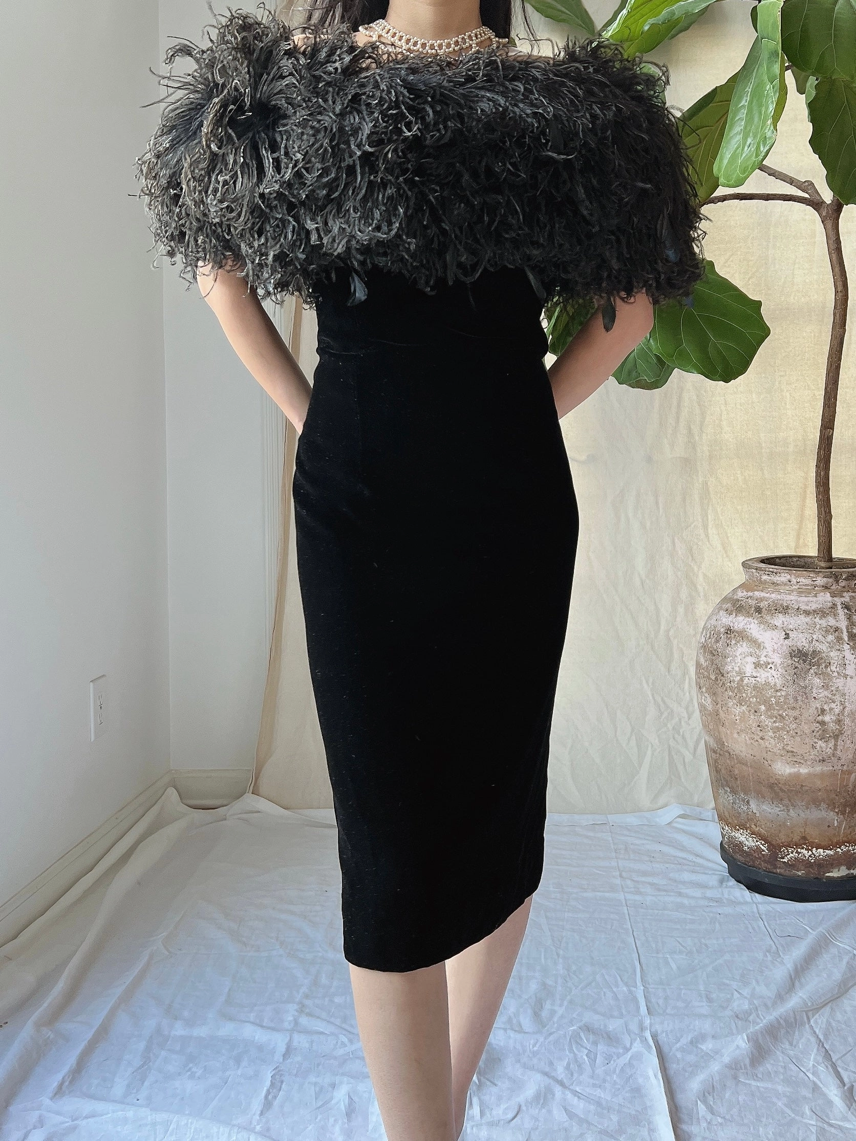 Vintage Ostrich Feather Collar Velvet Dress - XS
