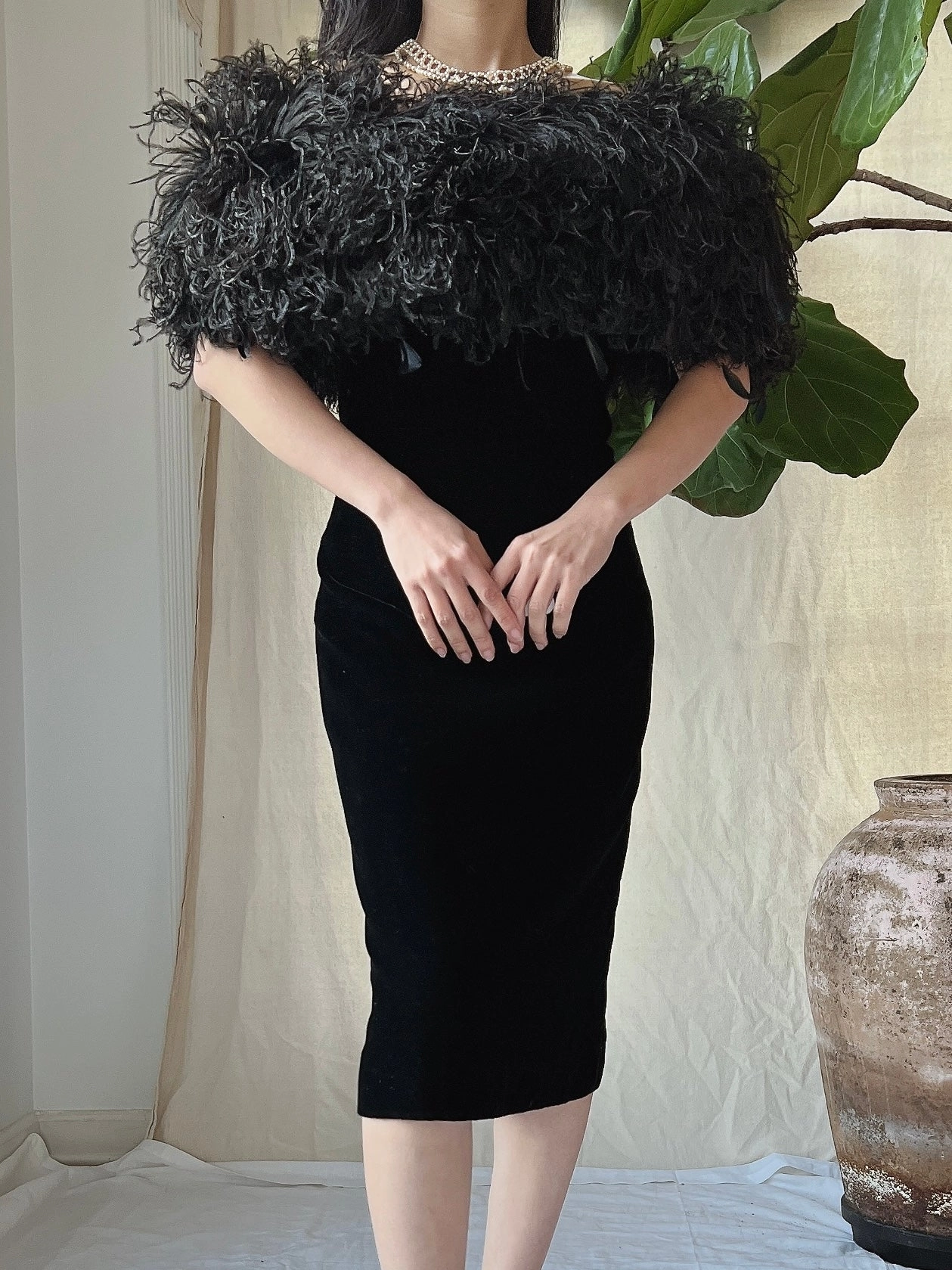 Vintage Ostrich Feather Collar Velvet Dress - XS