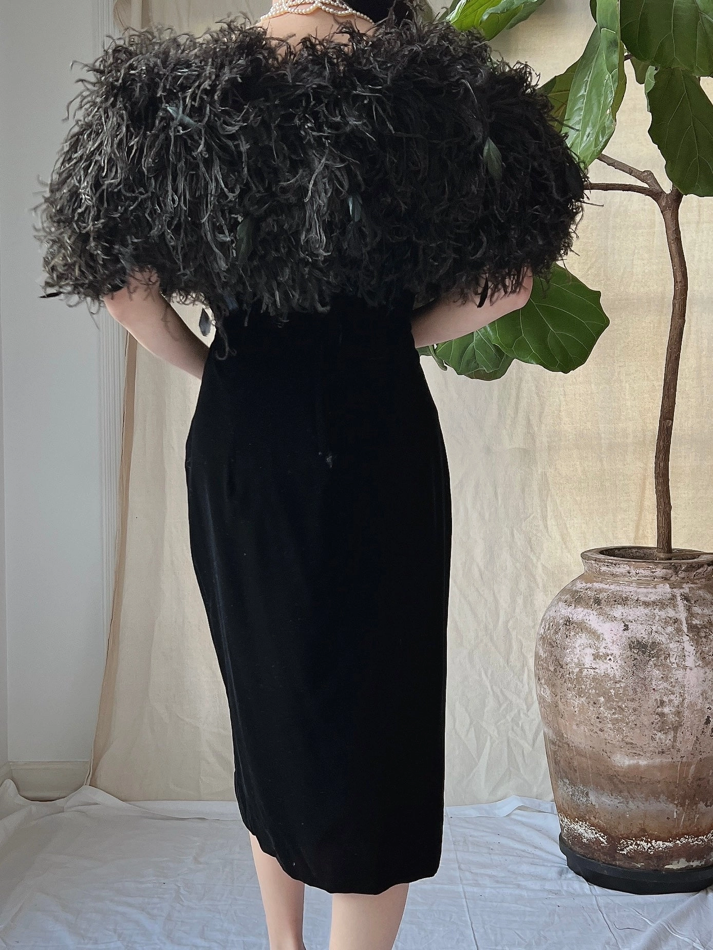 Vintage Ostrich Feather Collar Velvet Dress - XS