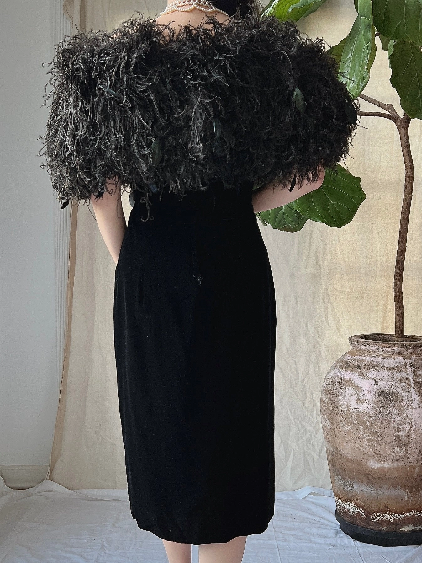 Vintage Ostrich Feather Collar Velvet Dress - XS