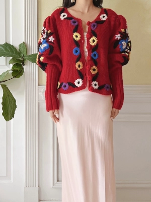 Vintage Puff Sleeves Embroidered Hand Knit Cardigan - S/M