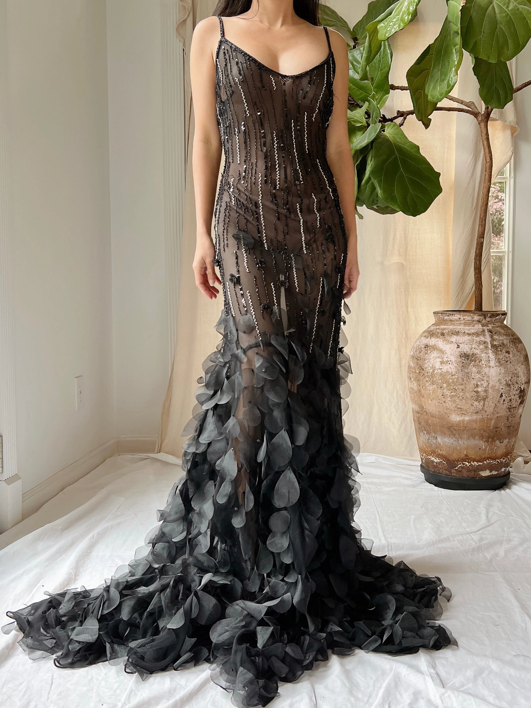 Vintage Silk Beaded Petal Dress - S-M