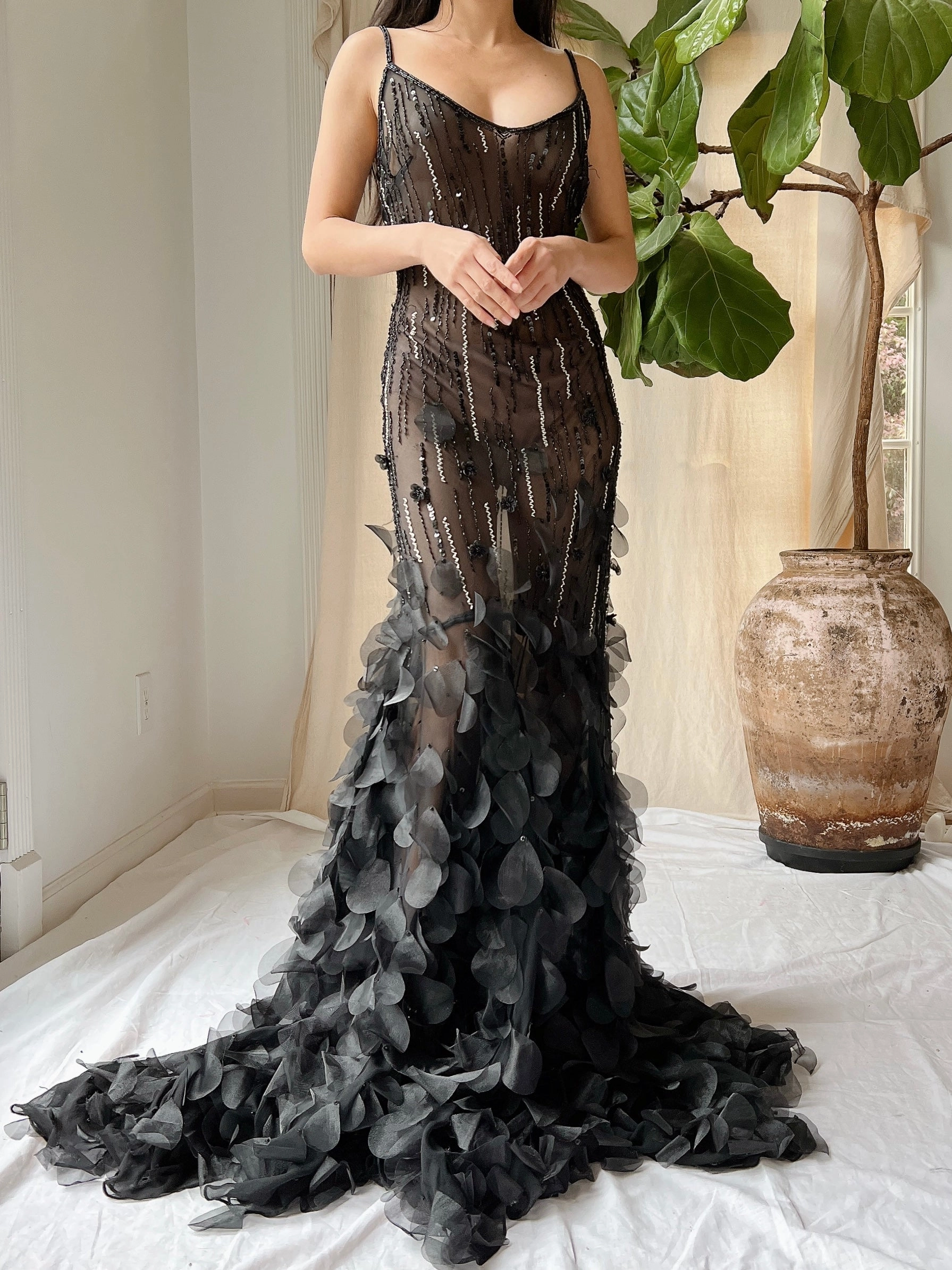 Vintage Silk Beaded Petal Dress - S-M