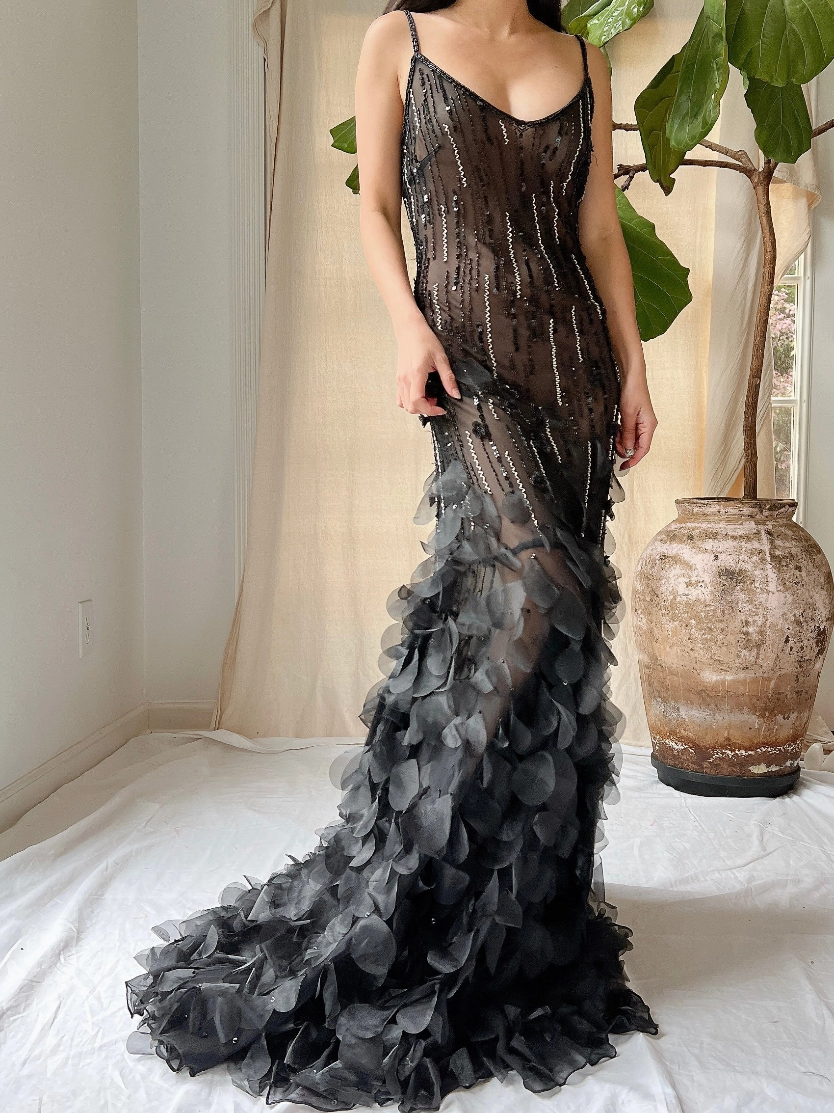 Vintage Silk Beaded Petal Dress - S-M