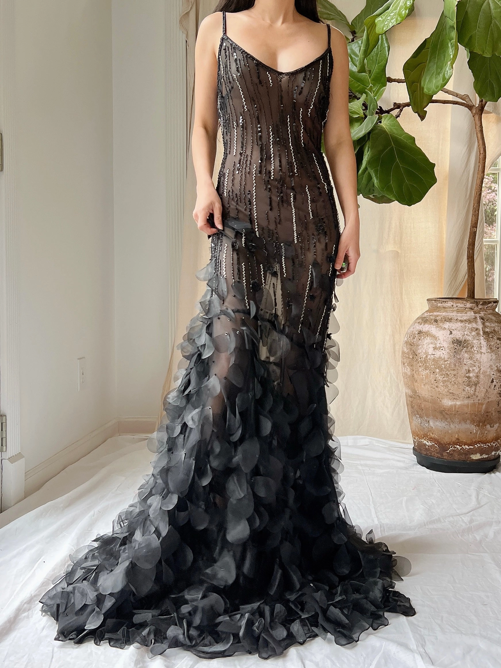 Vintage Silk Beaded Petal Dress - S-M