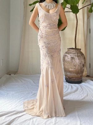 Vintage Silk Dusty Rose Applique Gown - M
