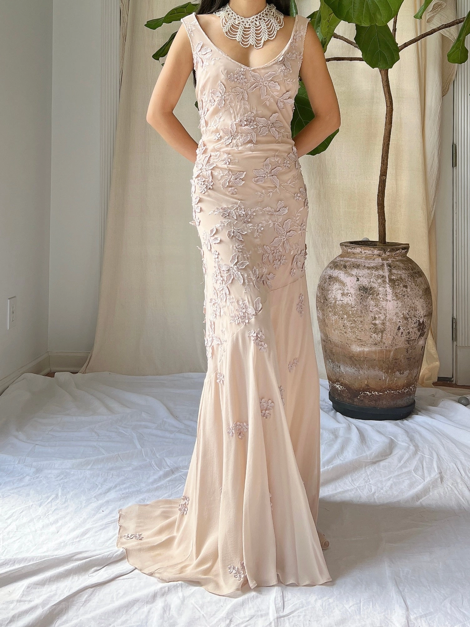 Vintage Silk Dusty Rose Applique Gown - M