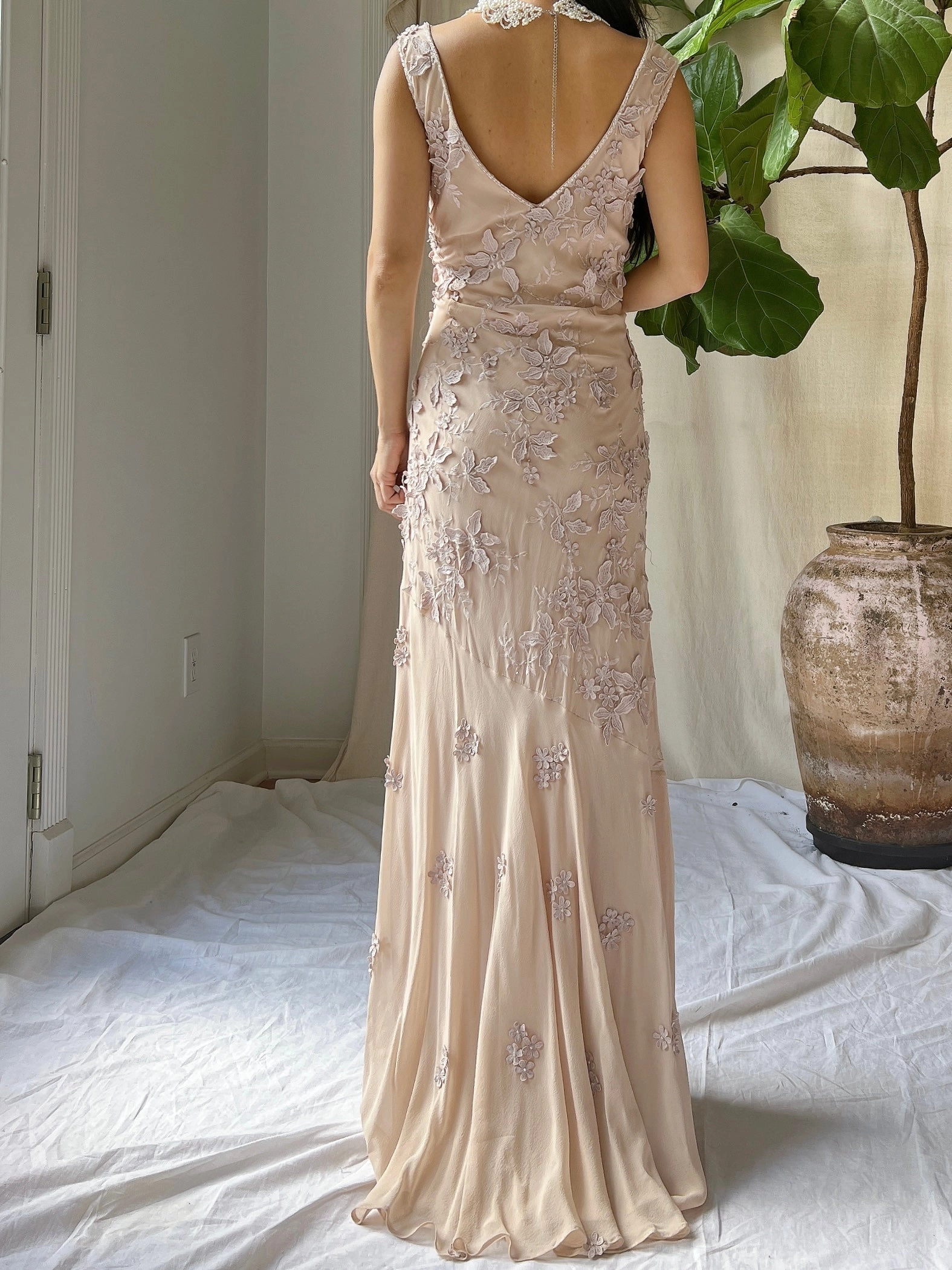 Vintage Silk Dusty Rose Applique Gown - M
