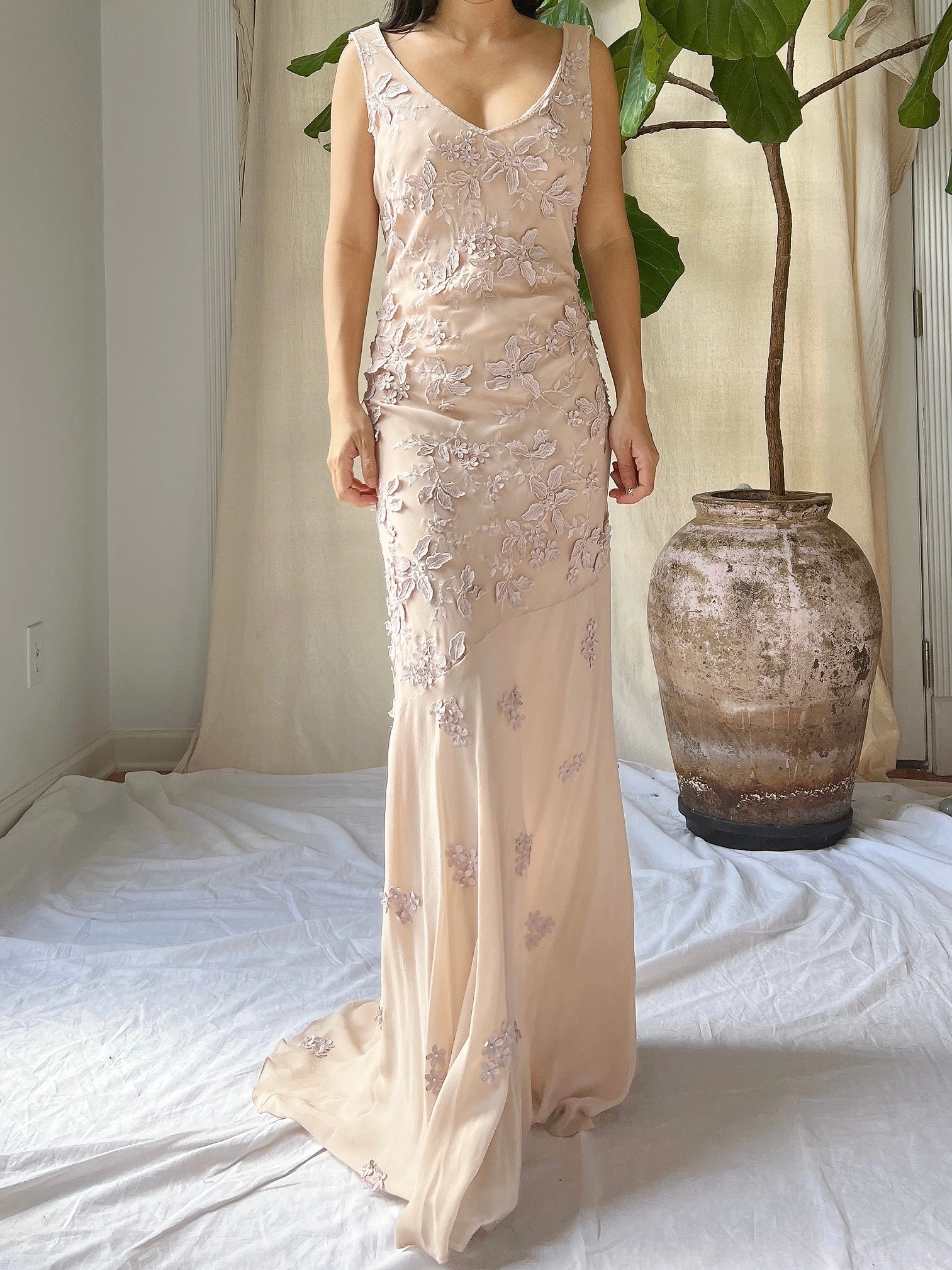 Vintage Silk Dusty Rose Applique Gown - M