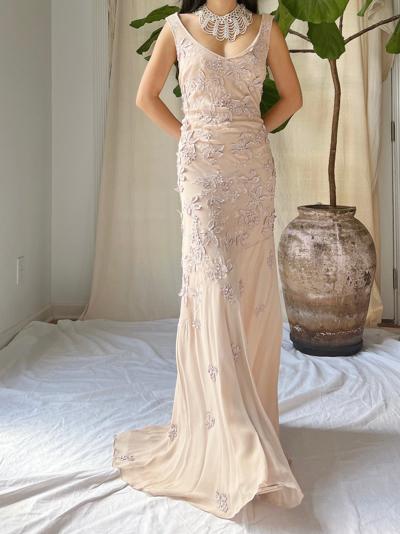 Vintage Silk Dusty Rose Applique Gown - M