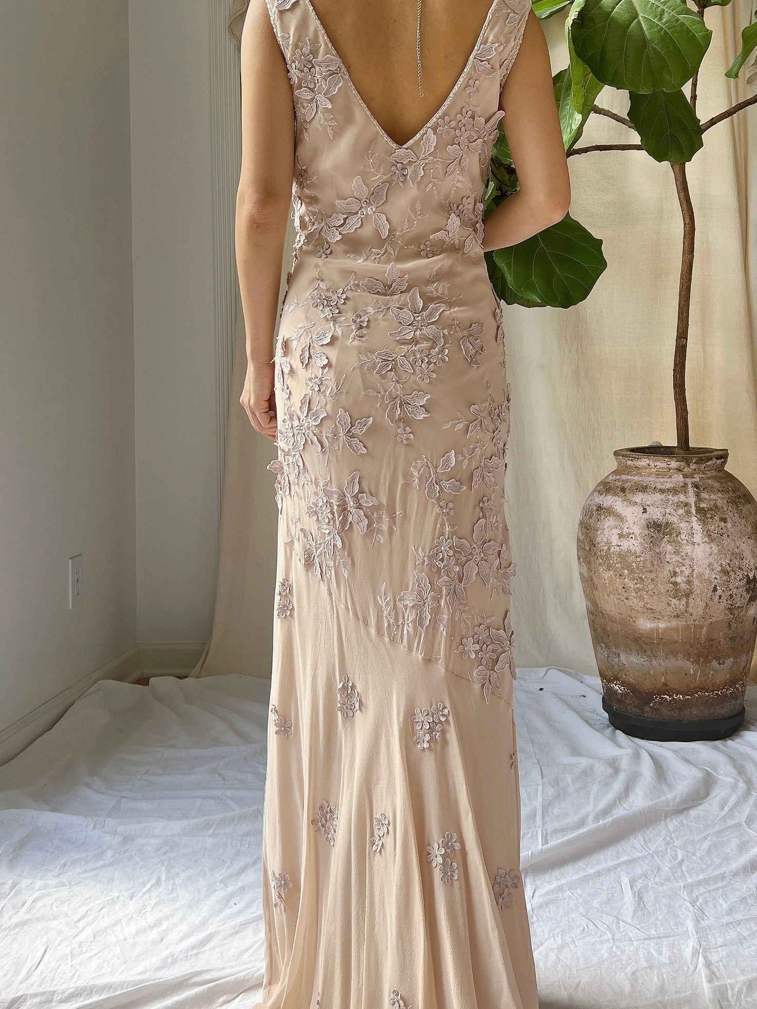 Vintage Silk Dusty Rose Applique Gown - M
