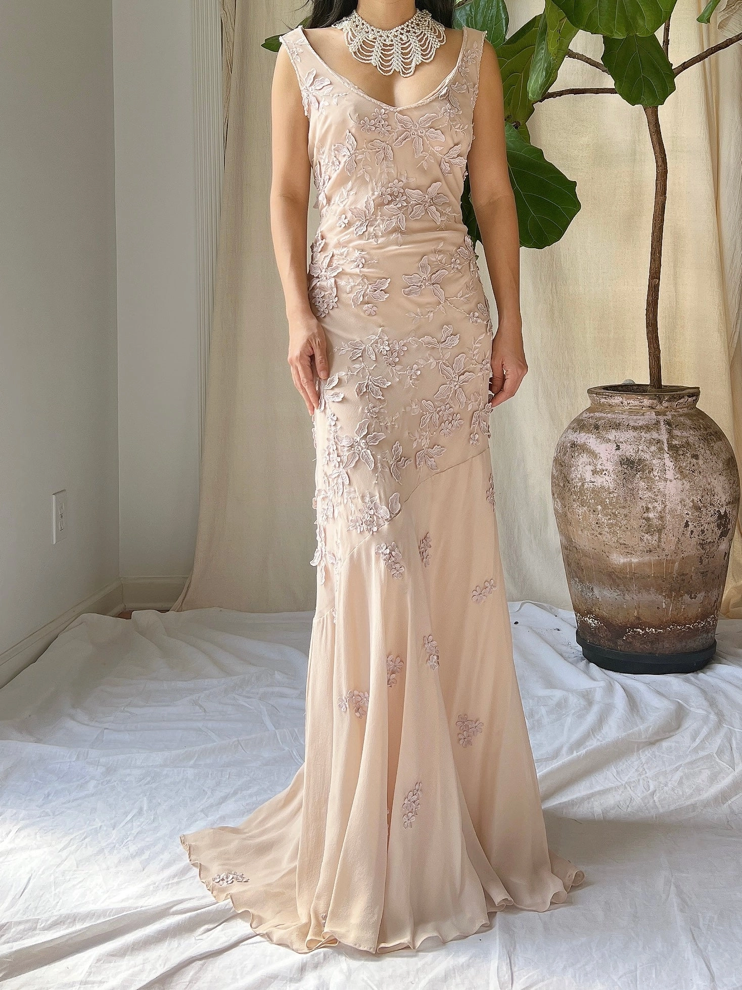 Vintage Silk Dusty Rose Applique Gown - M