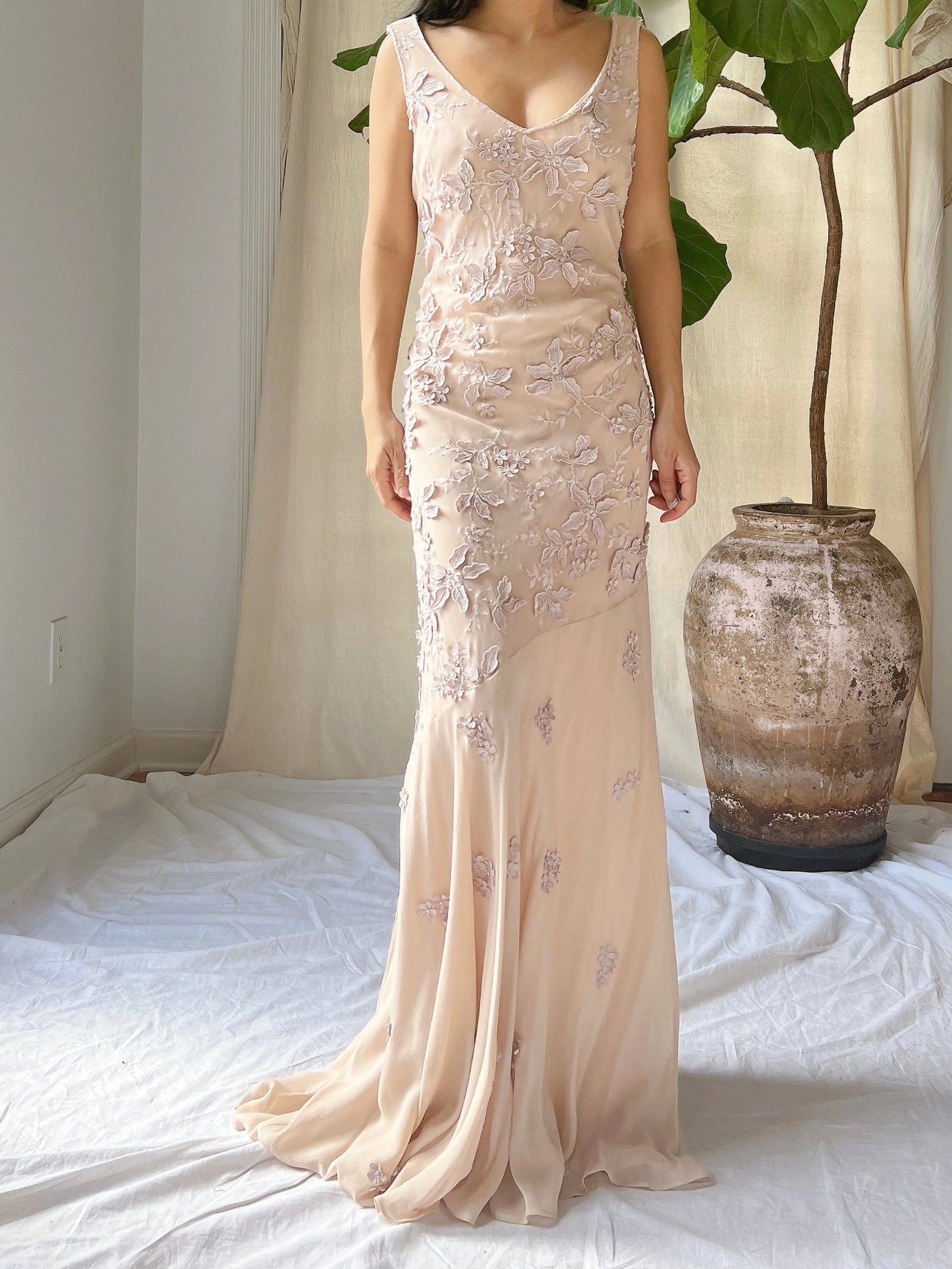 Vintage Silk Dusty Rose Applique Gown - M